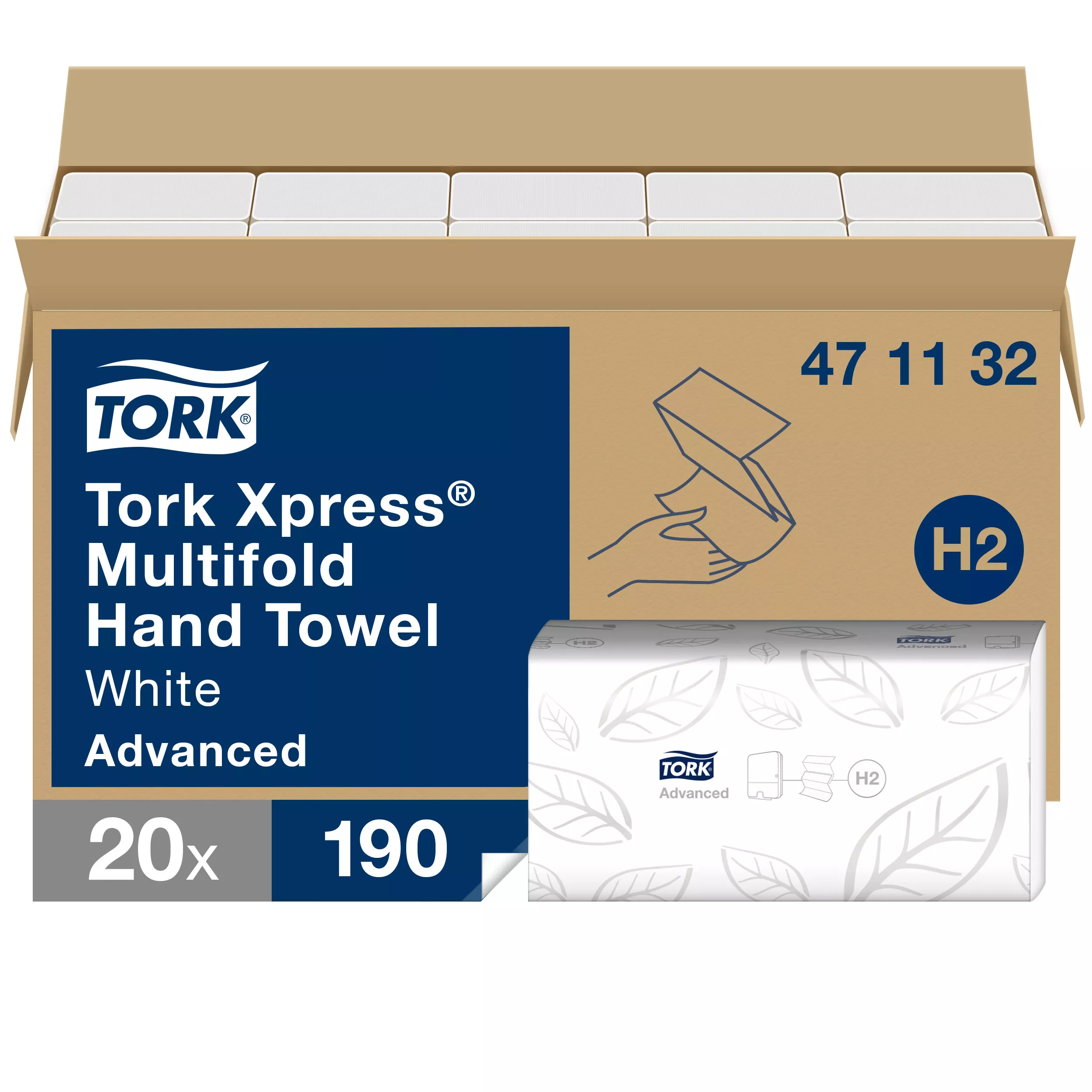 Tork Xpress® Multifold-Handtücher Weiß H2, Advanced-Qualität, 100 % recycelte Fasern, 20 × 190 Tücher, 471132