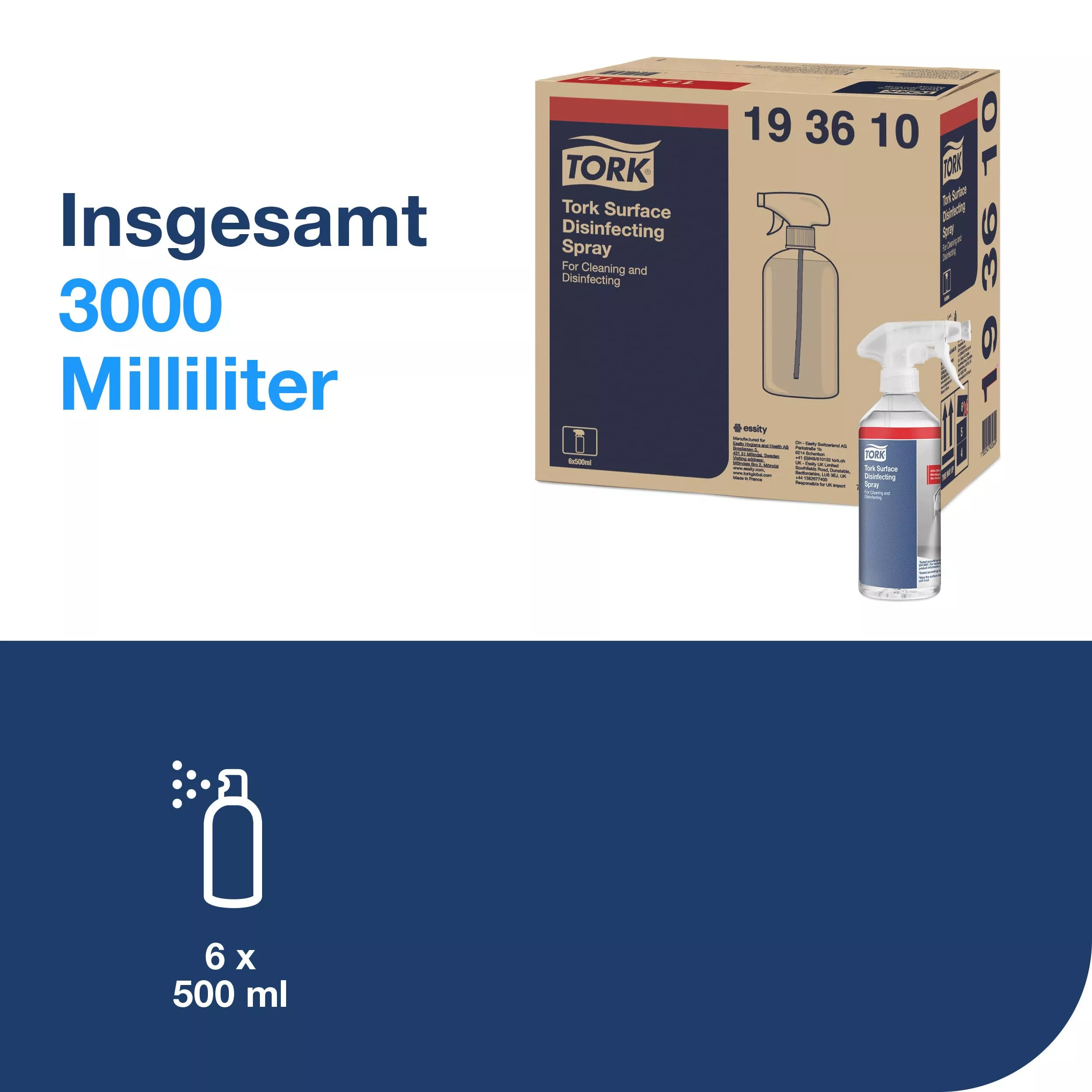 Tork Flächendesinfektionsspray, biologisch abbaubare Formel, 6 × 500 ml Flaschen, 193610