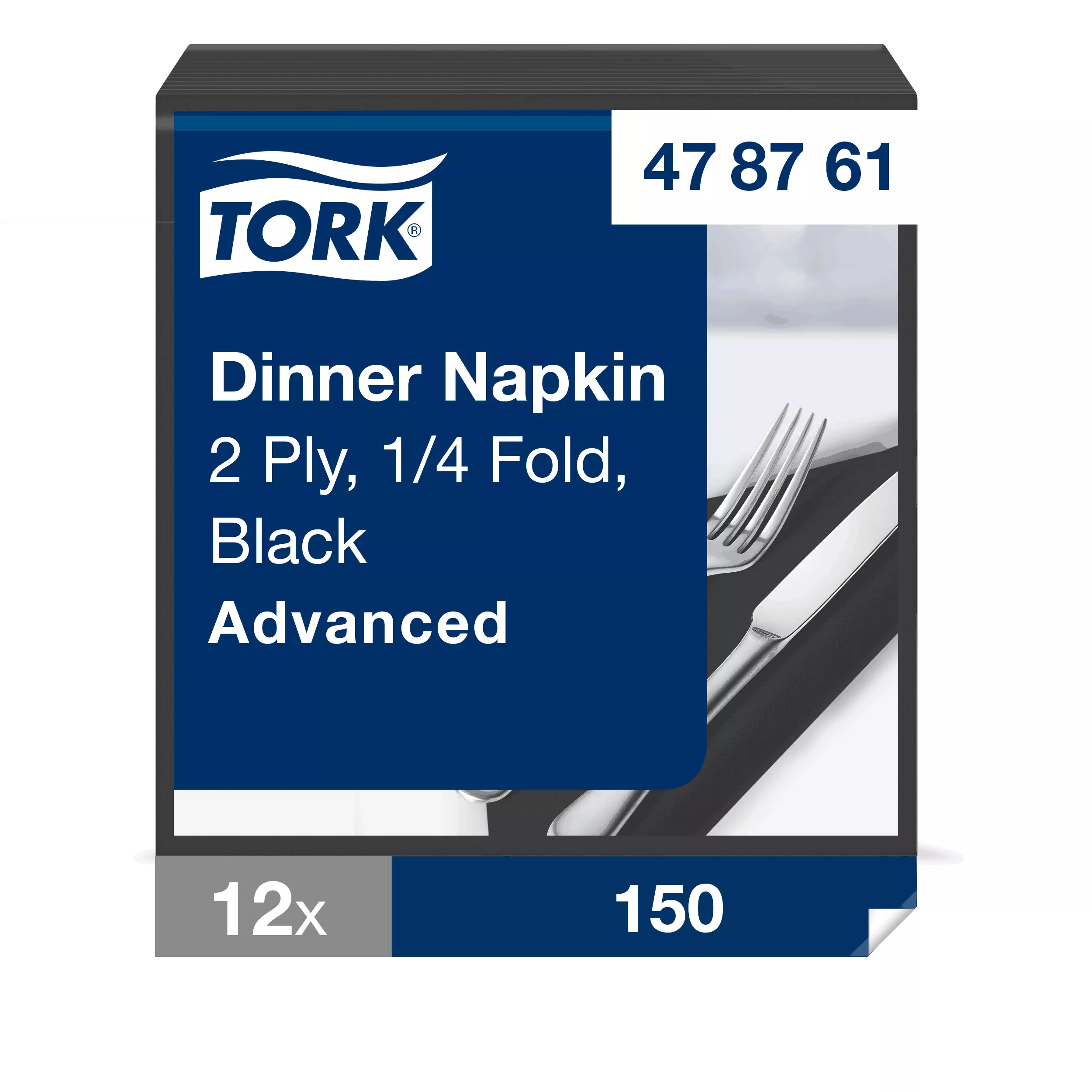 Tork Dinnerservietten Schwarz, 1/4-Falz, 2‑lagig, 40 cm × 39 cm, 12 × 150 Servietten, 478761