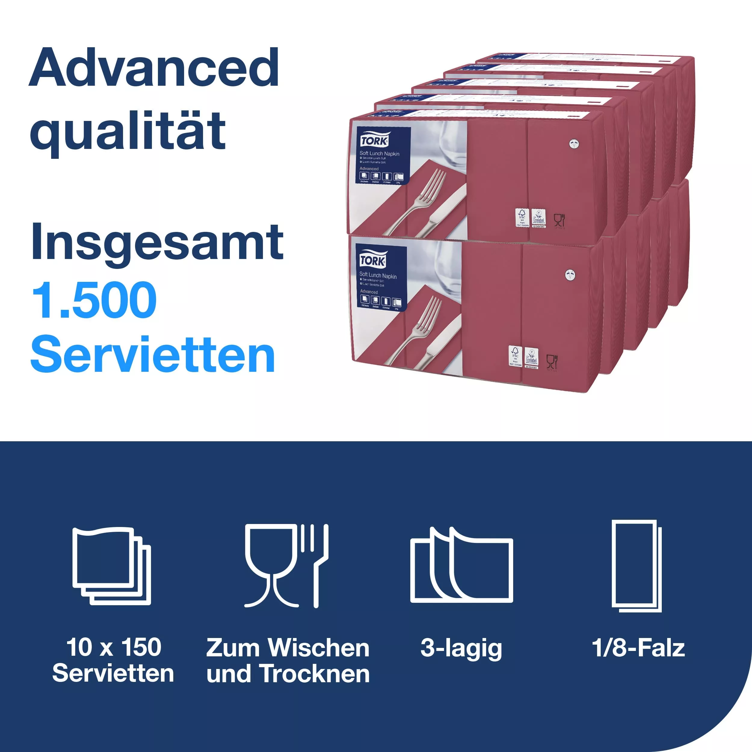 Tork Soft Lunchserviette Bordeauxrot, 1/8-Falz, 3-lagig, 33 cm × 33 cm, 10 × 150 Servietten, 477418