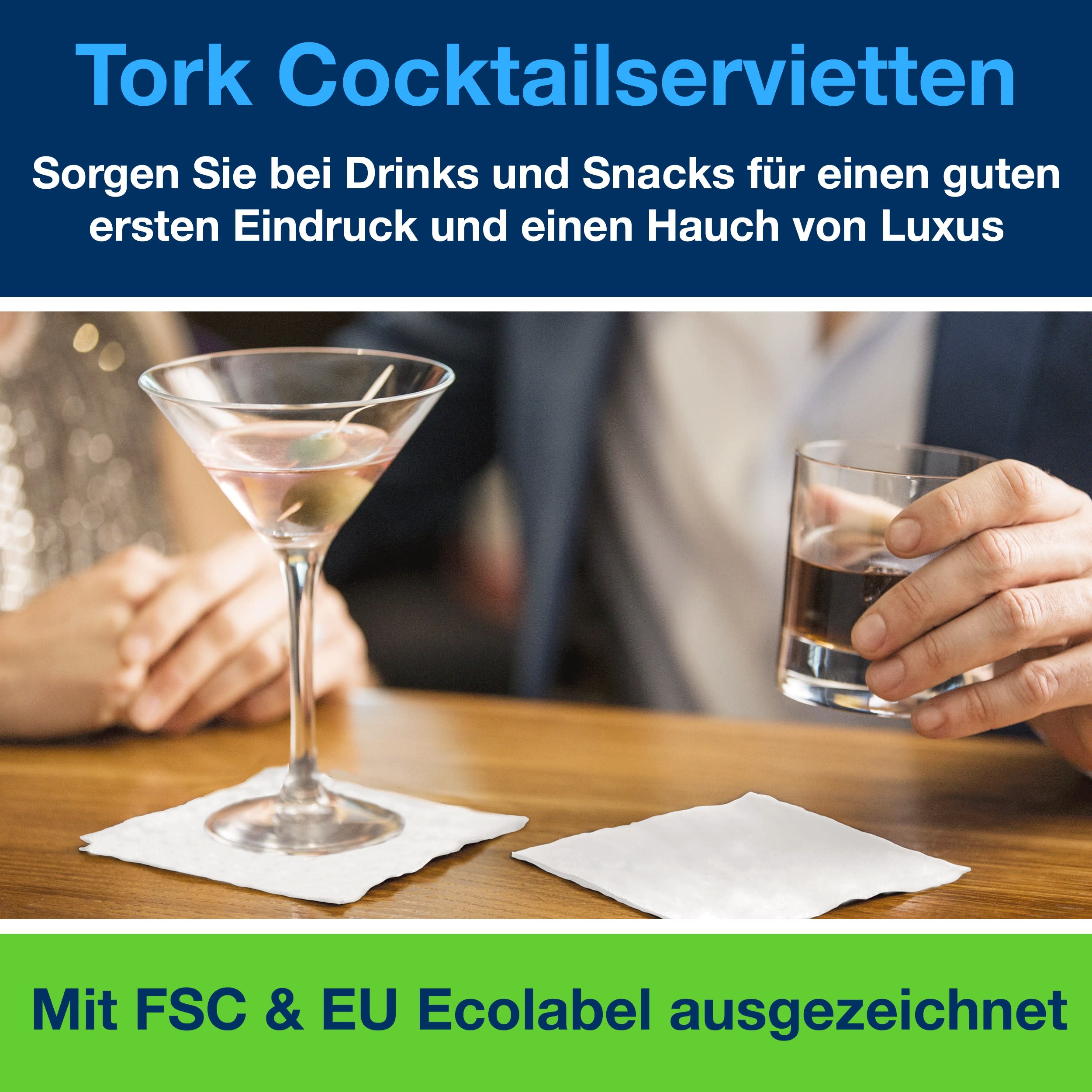 Tork Cocktailservietten Weiß, 1/4-Falz, 2-lagig, 24 cm × 24 cm, 12 × 200 Servietten, 509525