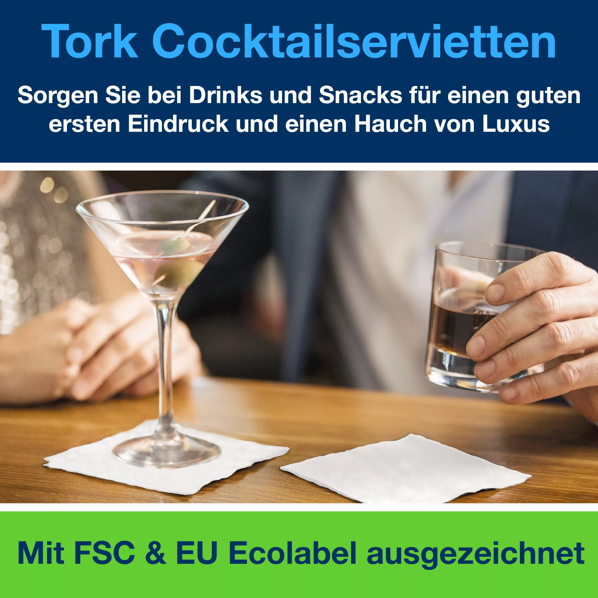 Tork Cocktailservietten Weiß, 1/4-Falz, 2-lagig, 24 cm × 24 cm, 12 × 200 Servietten, 509525