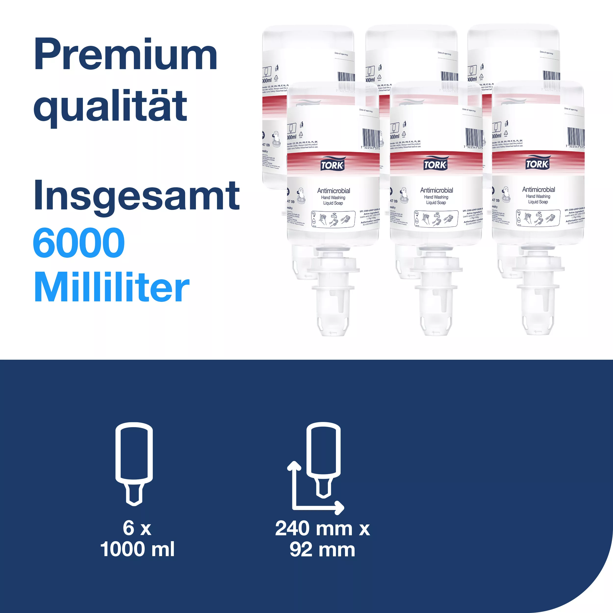 Tork antimikrobielle Flüssigseife zur Händedekontamination S4, dermatologisch getestet, 6 × 1.000 ml, 424709