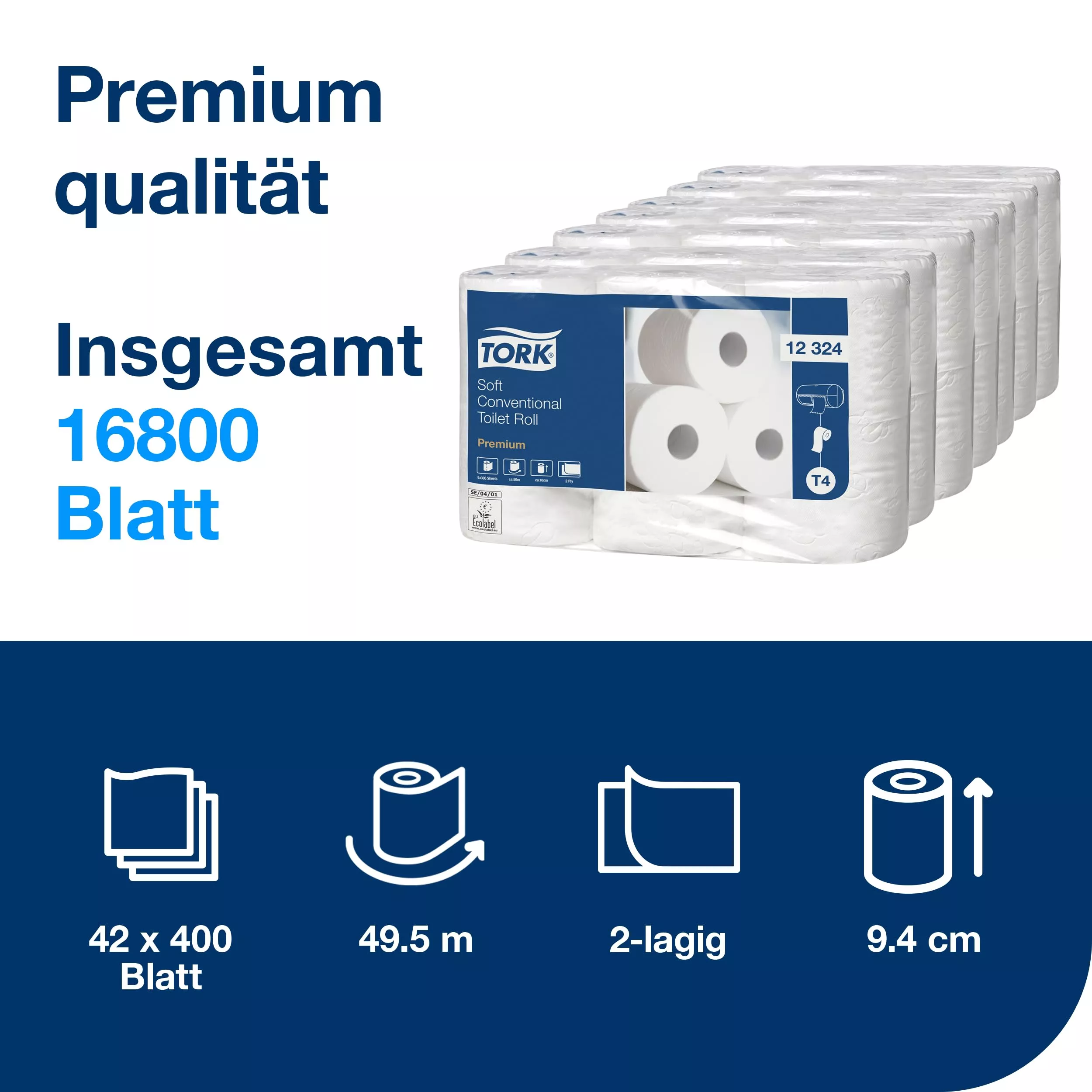 Tork Weiches Kleinrollen-Toilettenpapier Weiß T4, Premium, 2-lagig, 42 × 400 Blatt, 12324
