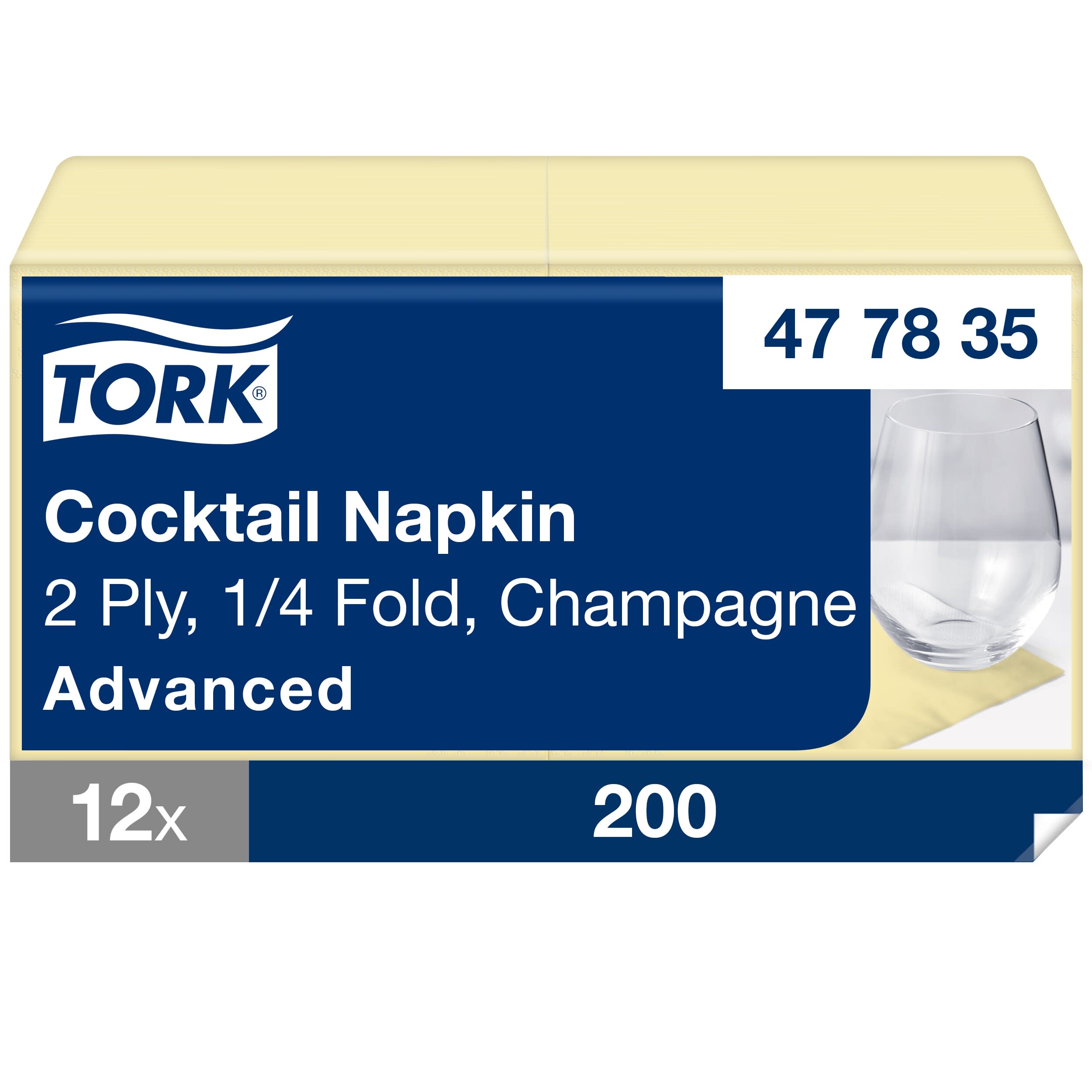 Tork Cocktailservietten Champagner, 1/4-Falz, 2-lagig, 24 cm × 24 cm, 12 × 200 Servietten, 477835