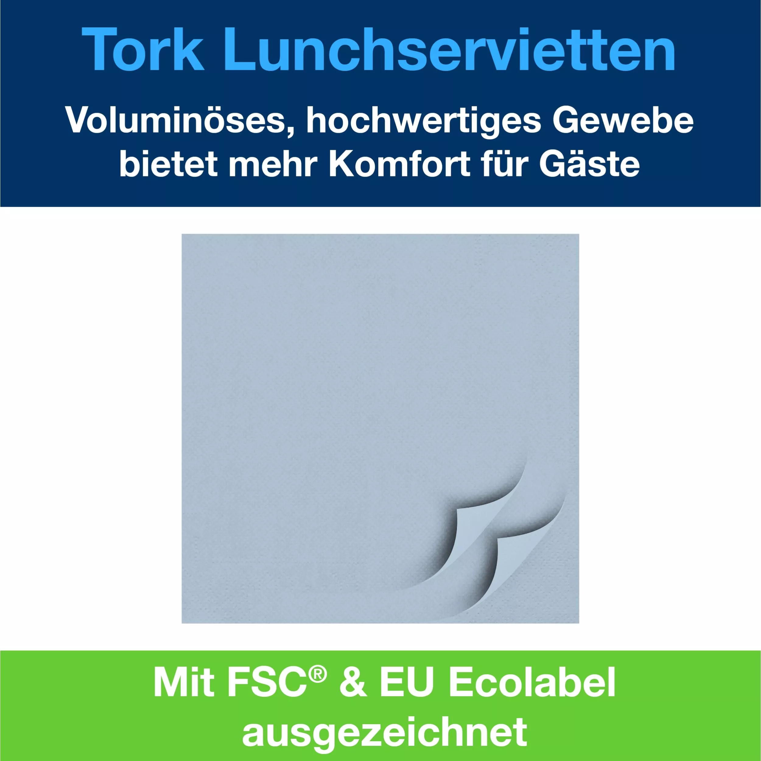 Tork Soft Lunchserviette Hellblau, 1/4-Falz, 3-lagig, 33 cm × 33 cm, 10 × 150 Servietten, 477871