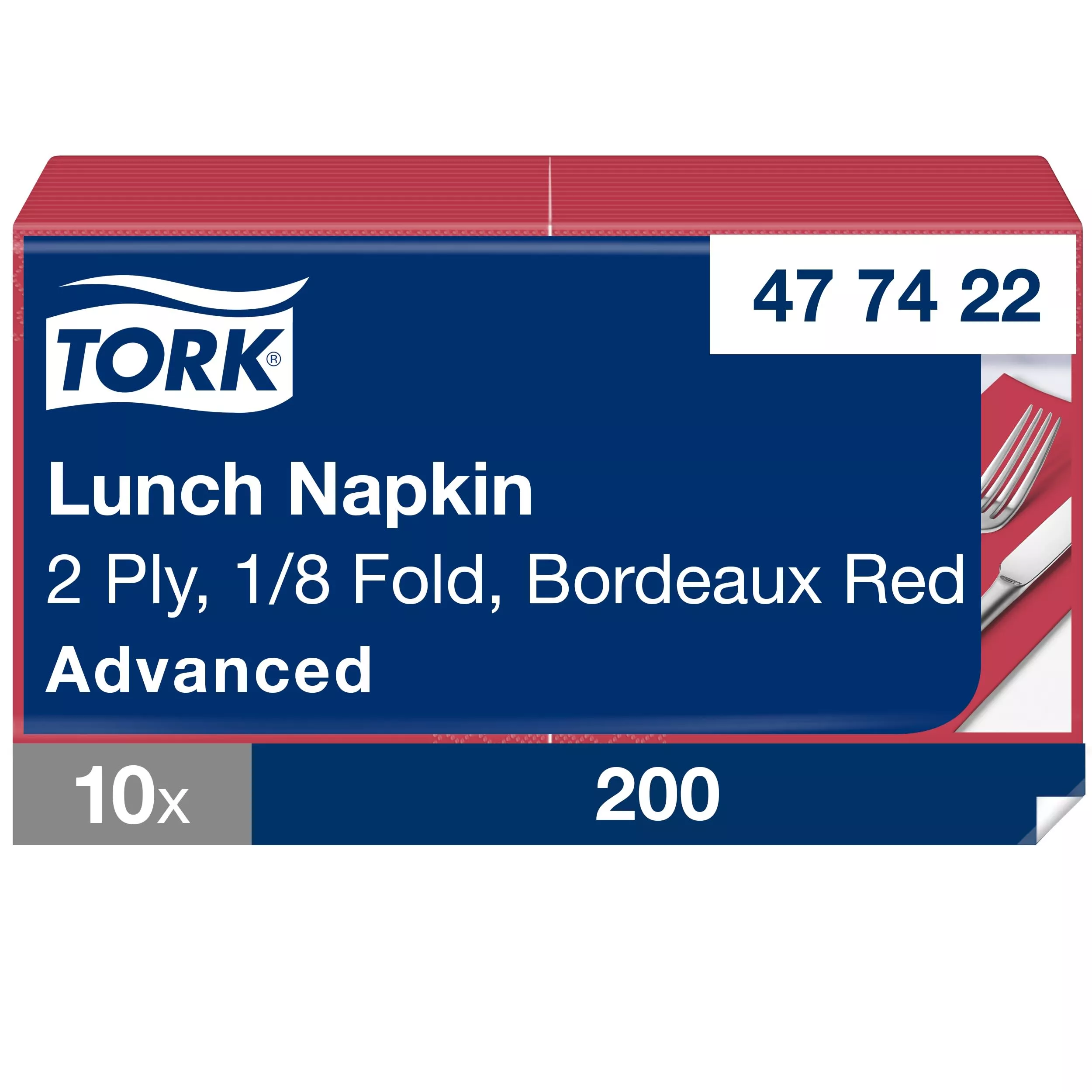 Tork Lunchservietten Bordeauxrot, 1/8-Falz, 2-lagig, 33 cm × 33 cm, 10 × 200 Servietten, 477422