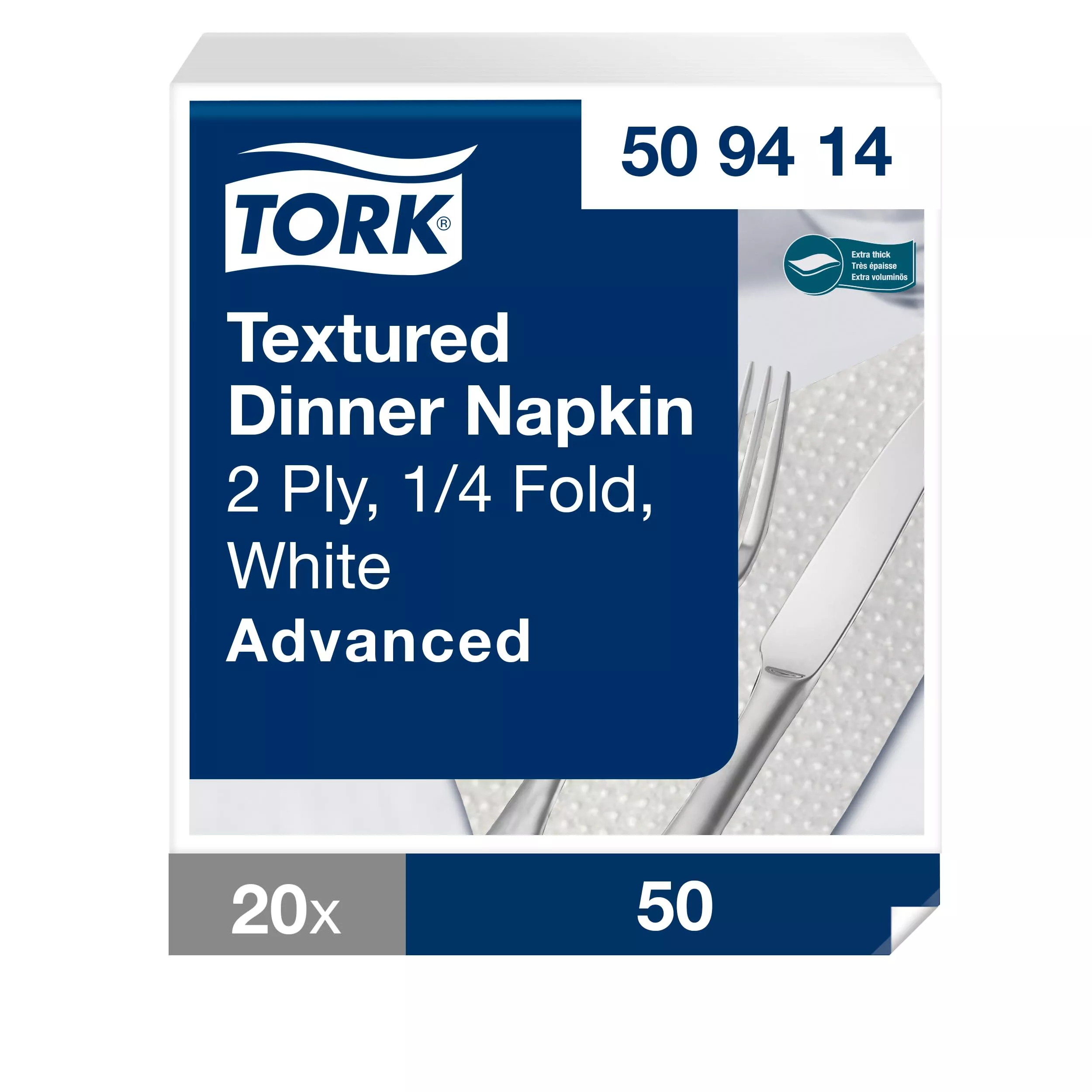 Tork Textured Dinnerservietten Weiß, 1/4‑Falz, 2‑lagig, 38 cm × 39 cm, 20 × 50 Servietten, 509414