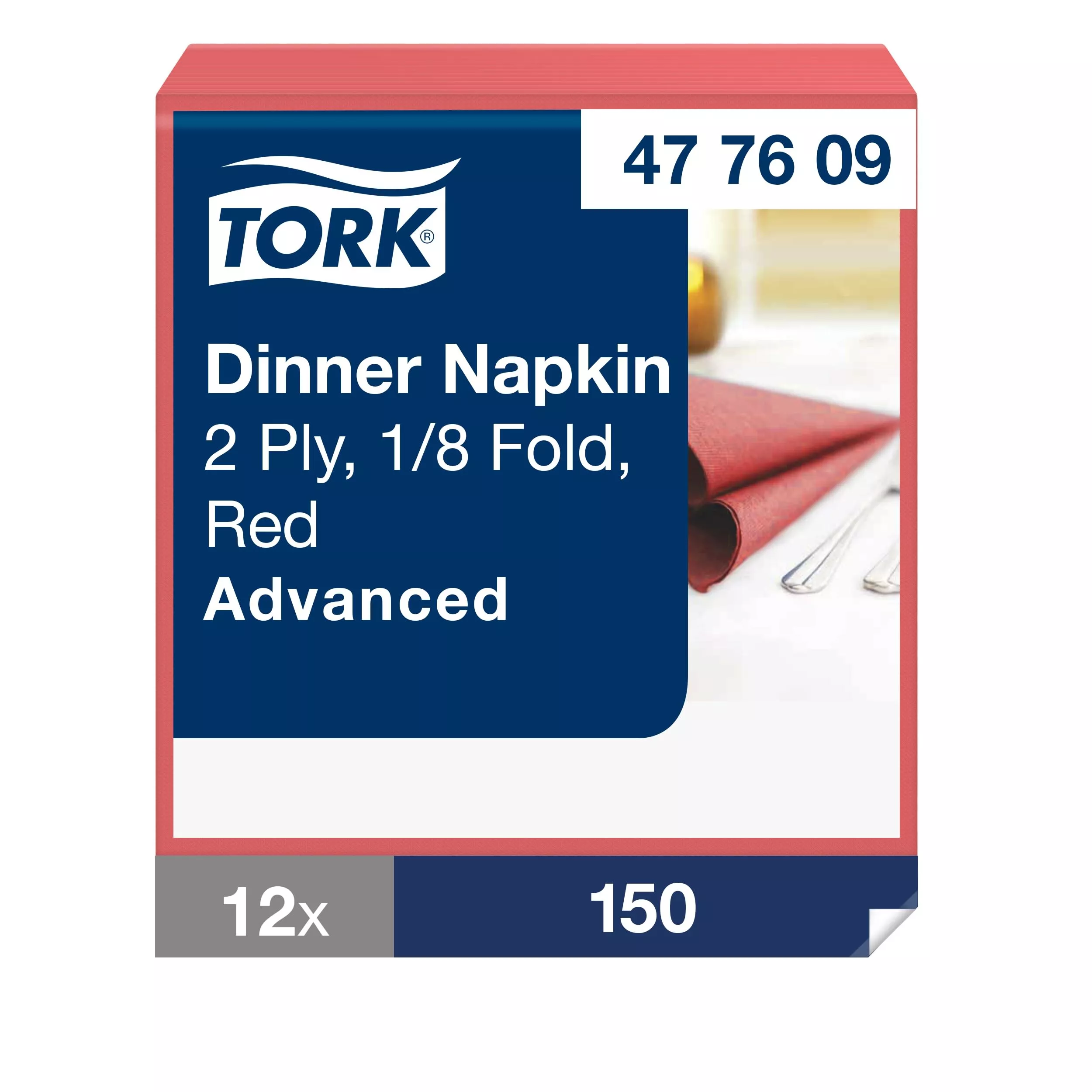Tork Dinnerservietten Rot, 1/8‑Falz, 2‑lagig, 39 cm × 39 cm, 12 × 150 Servietten, 477609