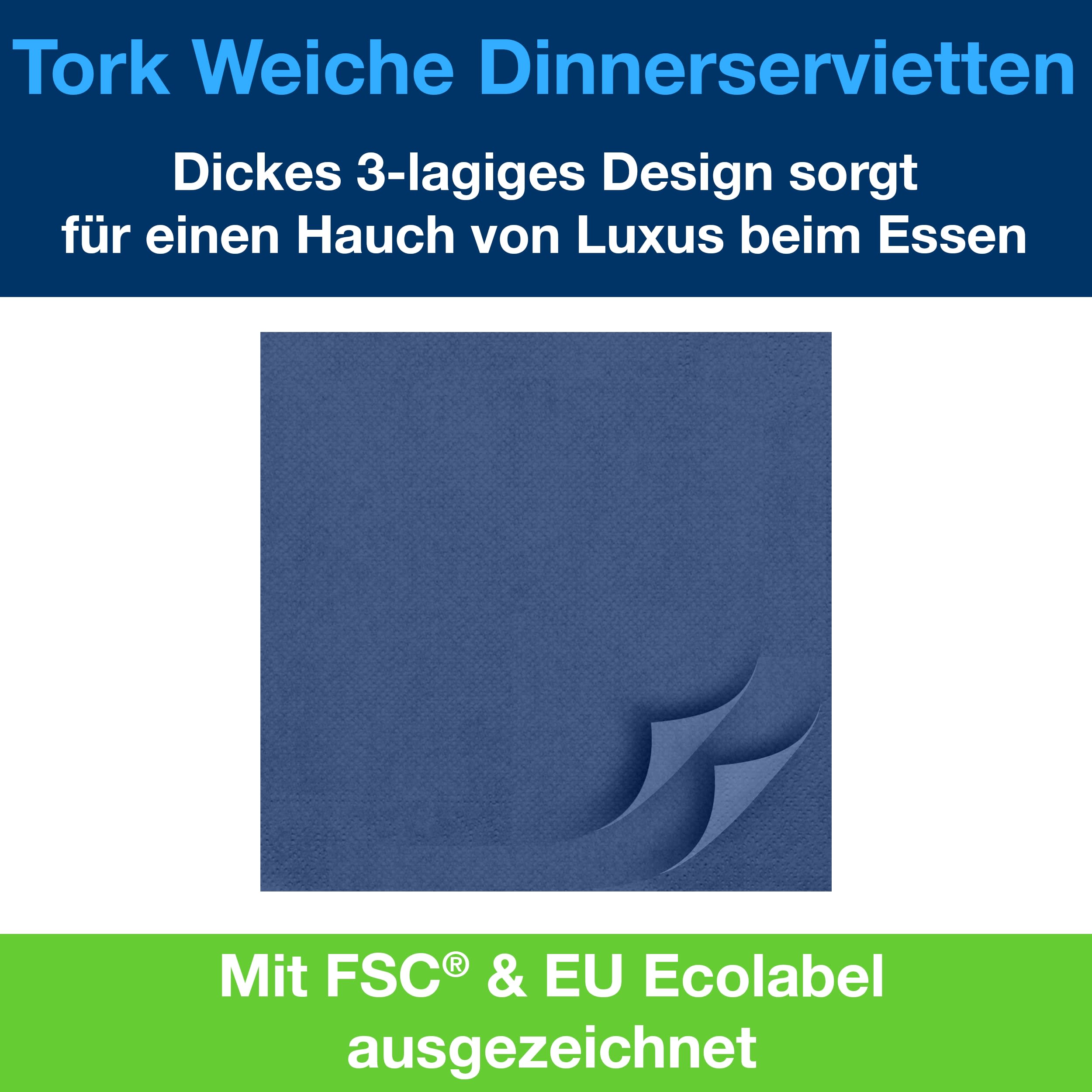 Tork Soft Dinnerservietten Dunkelblau, 1/4‑Falz, 3‑lagig, 40 cm × 39 cm, 12 × 100 Servietten, 477594