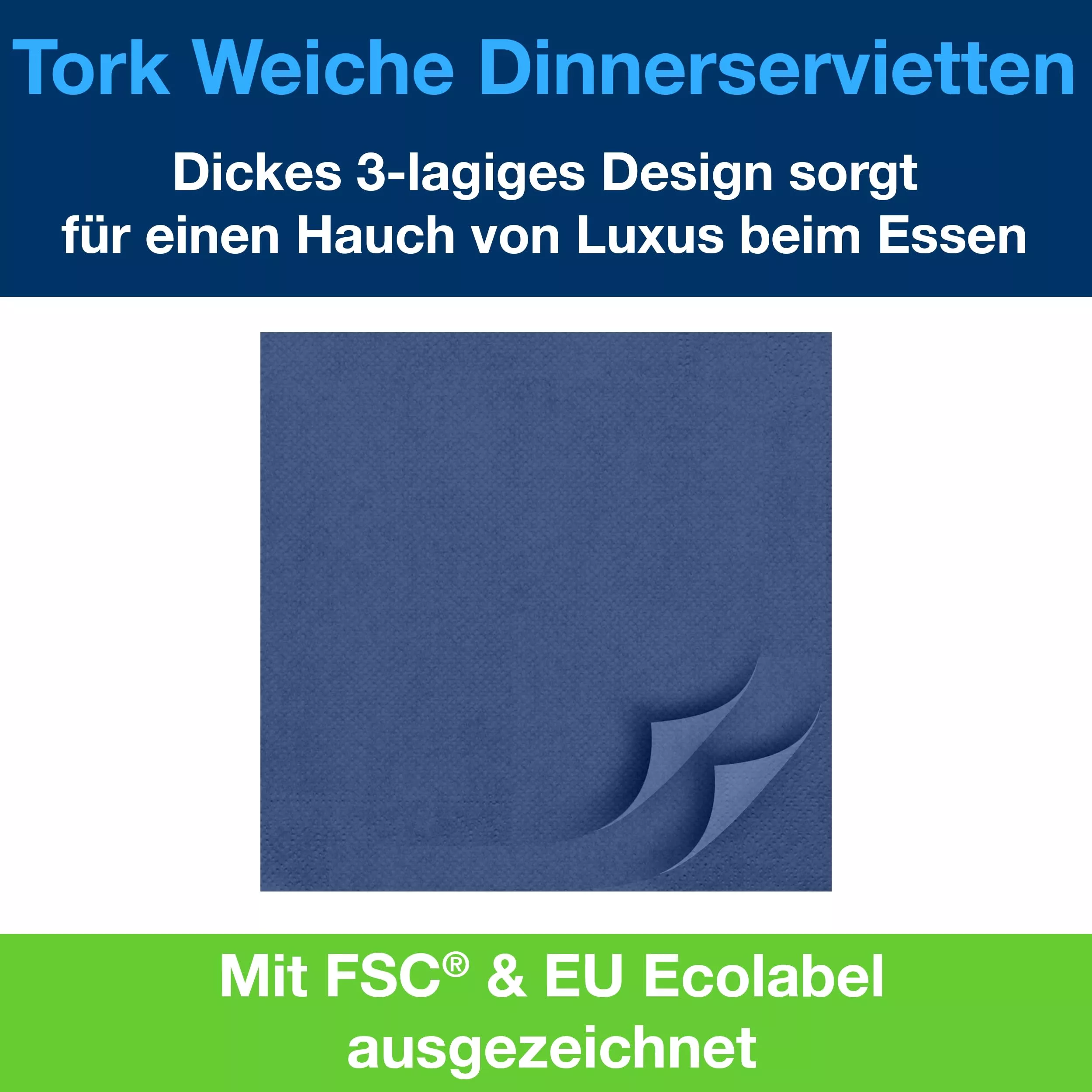 Tork Soft Dinnerservietten Dunkelblau, 1/4‑Falz, 3‑lagig, 40 cm × 39 cm, 12 × 100 Servietten, 477594