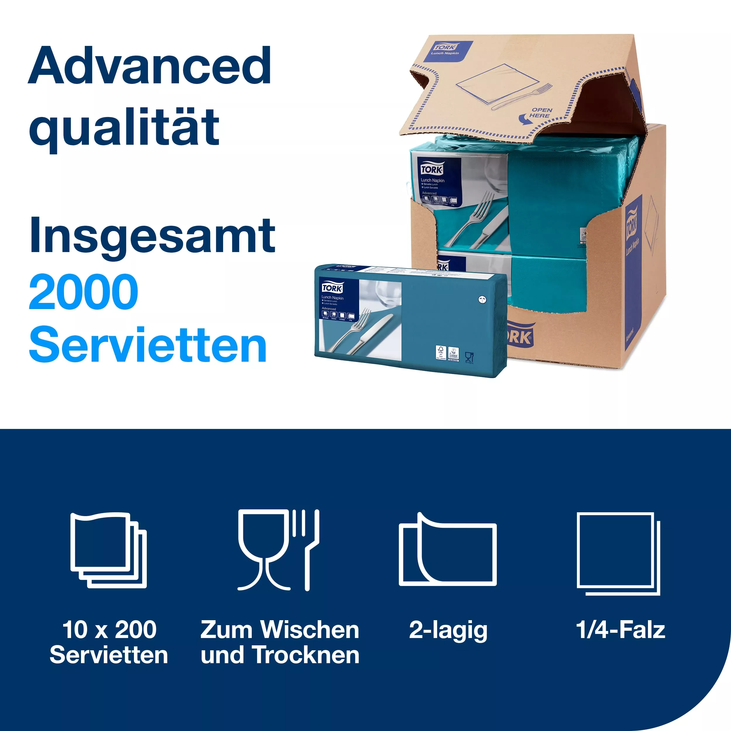 Tork Lunchserviette Blaugrün, 1/4-Falz, 2-lagig, 33 cm × 33 cm, 10 × 200 Servietten, 477845