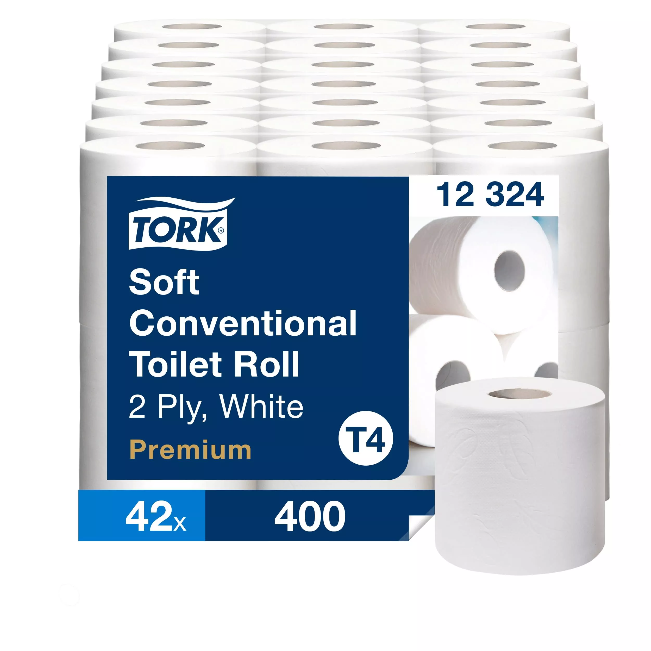 Tork Weiches Kleinrollen-Toilettenpapier Weiß T4, Premium, 2-lagig, 42 × 400 Blatt, 12324