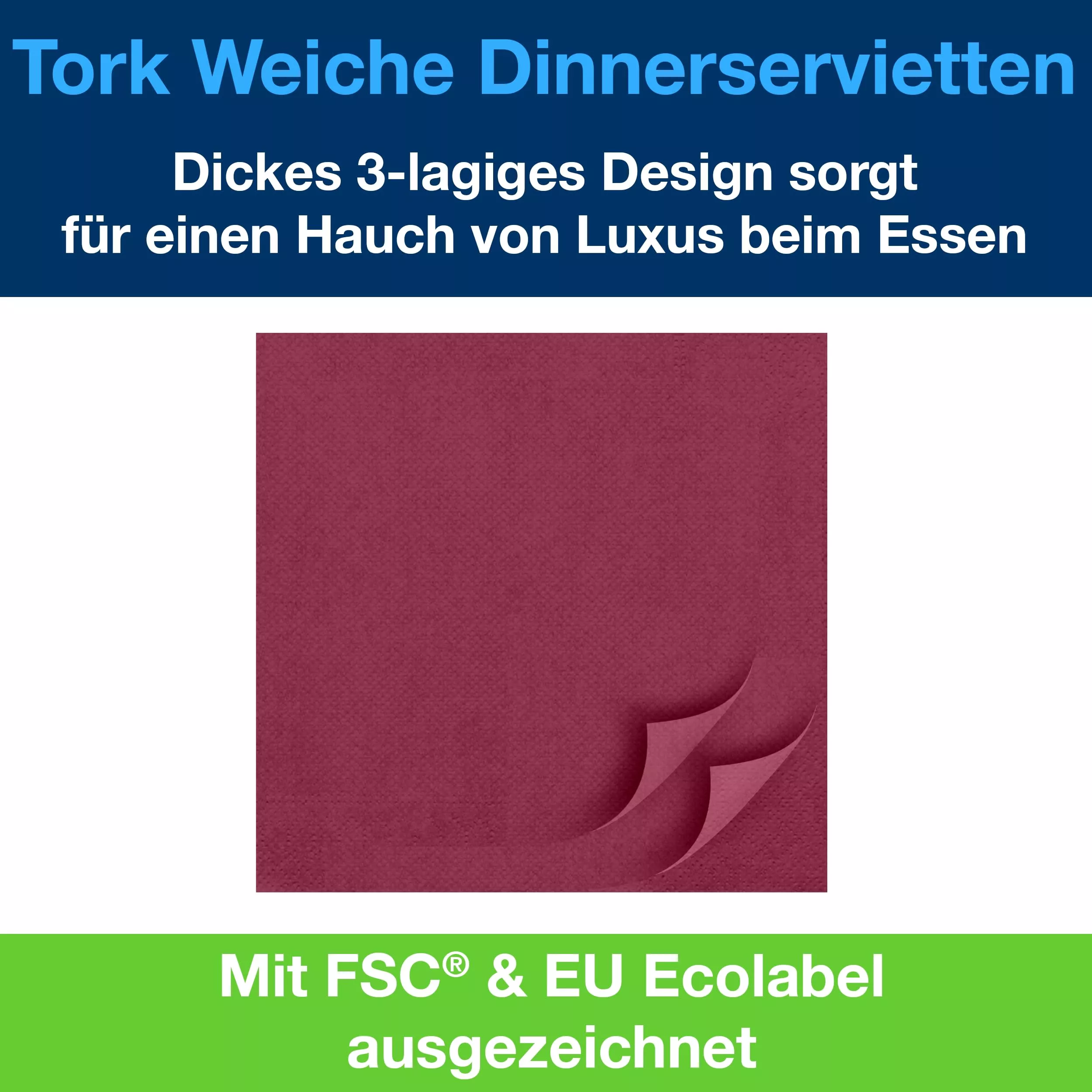 Tork Soft Dinnerservietten Bordeauxrot, 1/4‑Falz, 3‑lagig, 40 cm × 39 cm, 12 × 100 Servietten, 477599