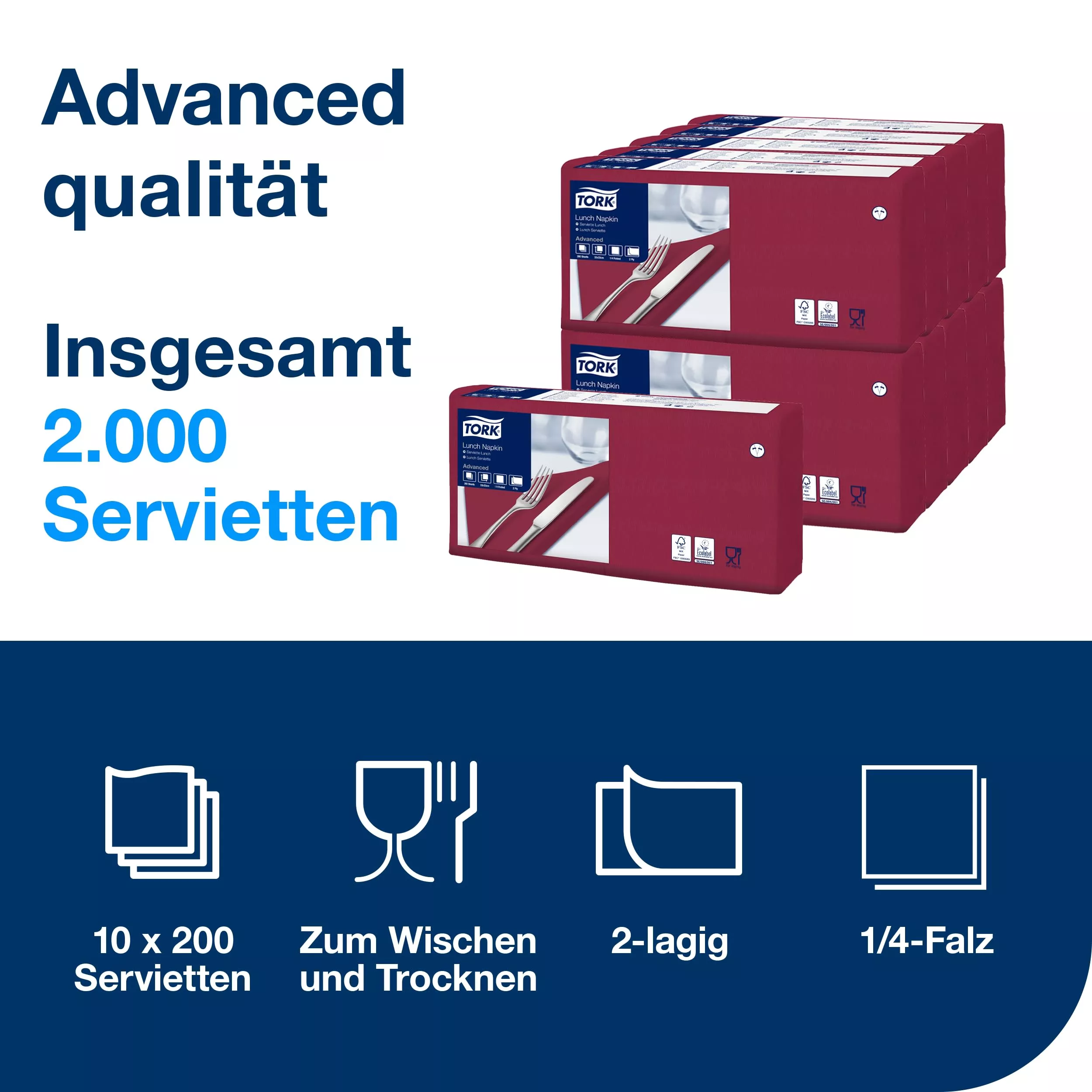 Tork Lunchserviette Bordeauxrot, 1/4-Falz, 2-lagig, 33 cm × 33 cm, 10 × 200 Servietten, 477213