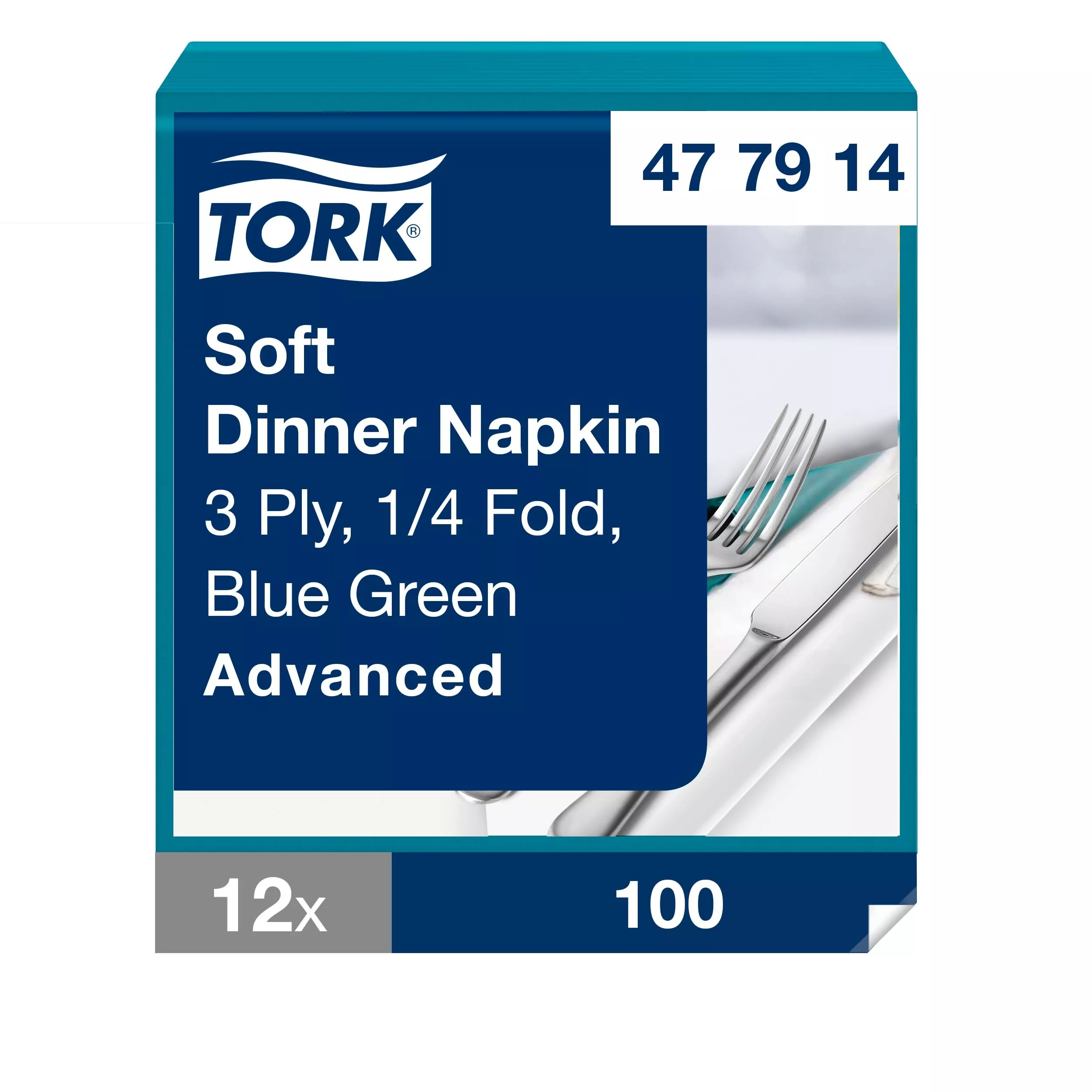 Tork Soft Dinnerservietten Blaugrün, 1/4‑Falz, 3‑lagig, 40 cm × 39 cm, 12 × 100 Servietten, 477914
