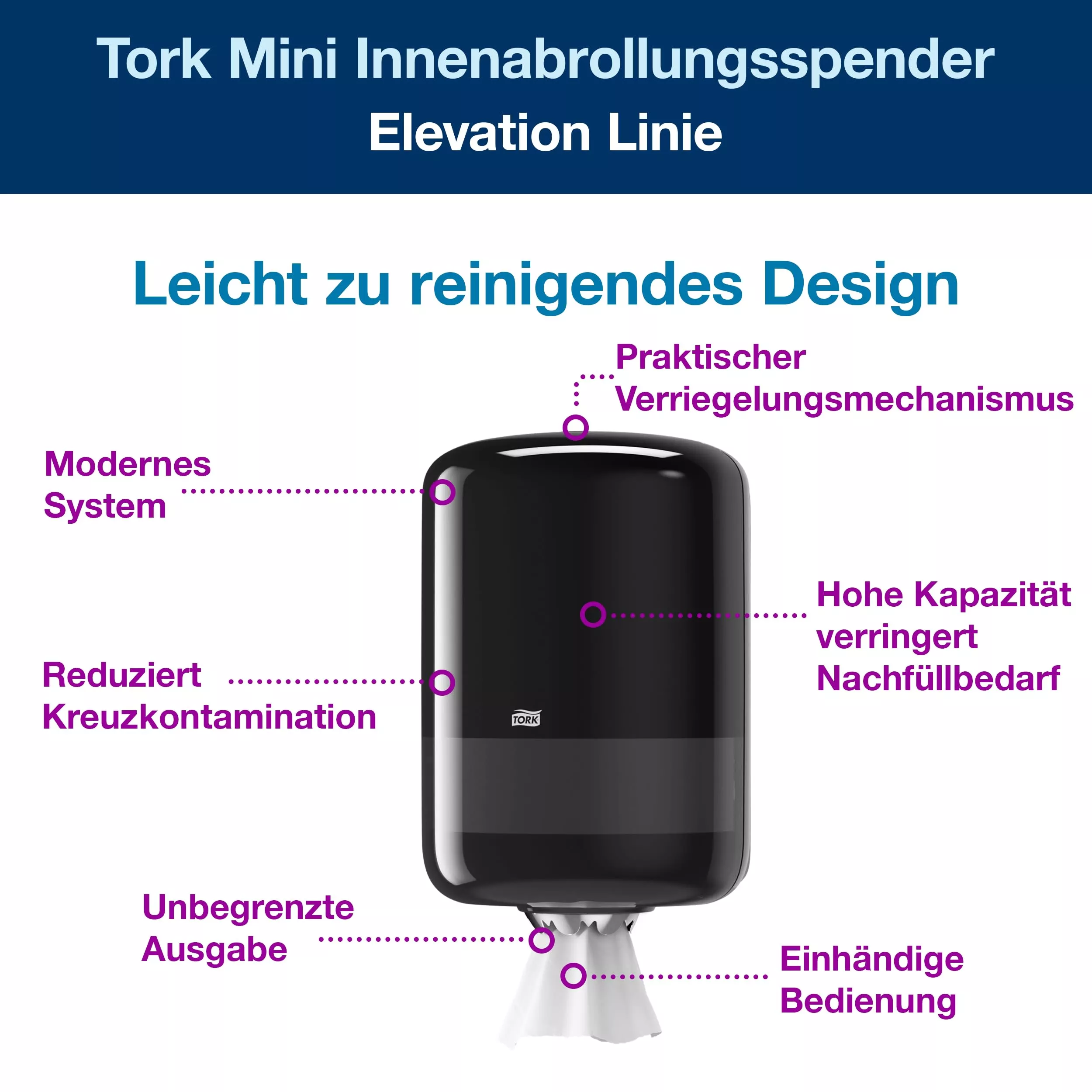 Tork Innenabrollungsspender Schwarz M2, Einhändige Bedienung, Elevation Linie, 559008