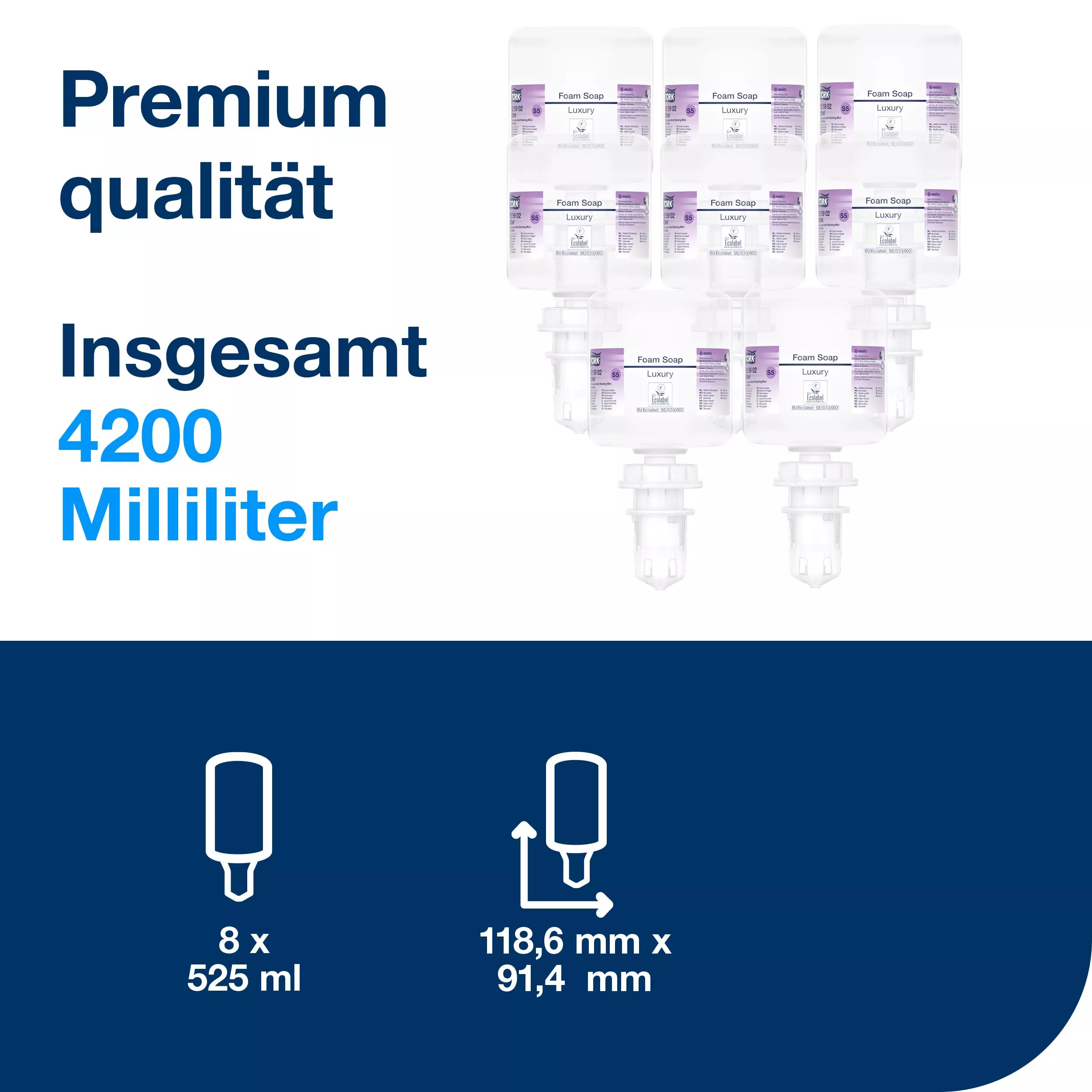 Tork Luxuriöse Hand Mini Schaumseife S5, werkseitig versiegelter Flakon, 8 × 525 ml, 525902