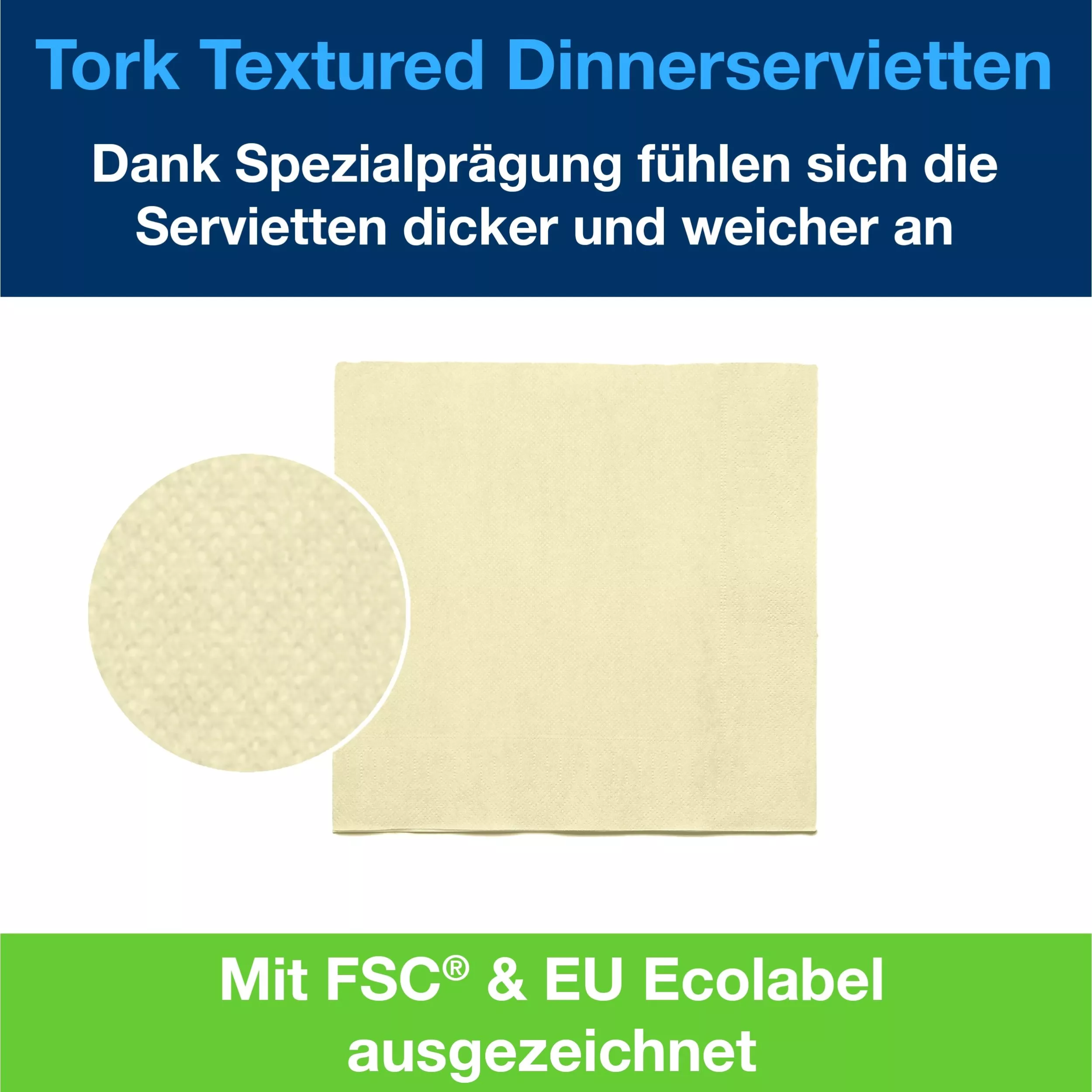 Tork Textured Dinnerservietten Champagner, 1/4‑Falz, 2‑lagig, 38 cm × 39 cm, 20 × 50 Servietten, 509415