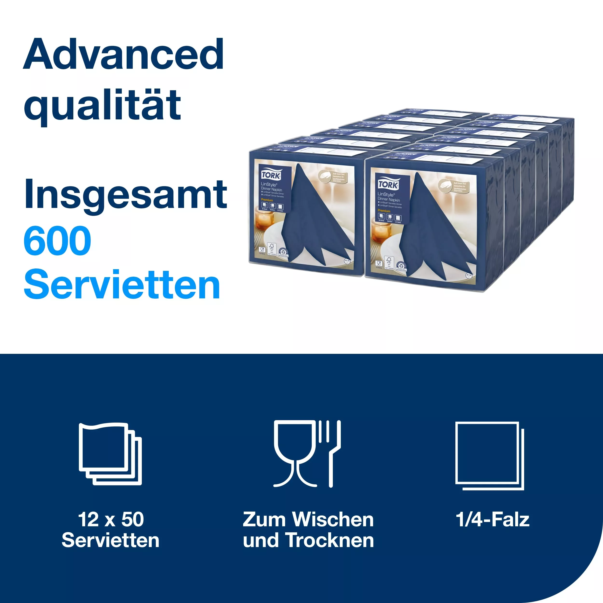 Tork LinStyle® Dinnerservietten Mitternachtsblau, 1/4‑Falz, 39 cm × 39 cm, 12 × 50 Servietten, 478856