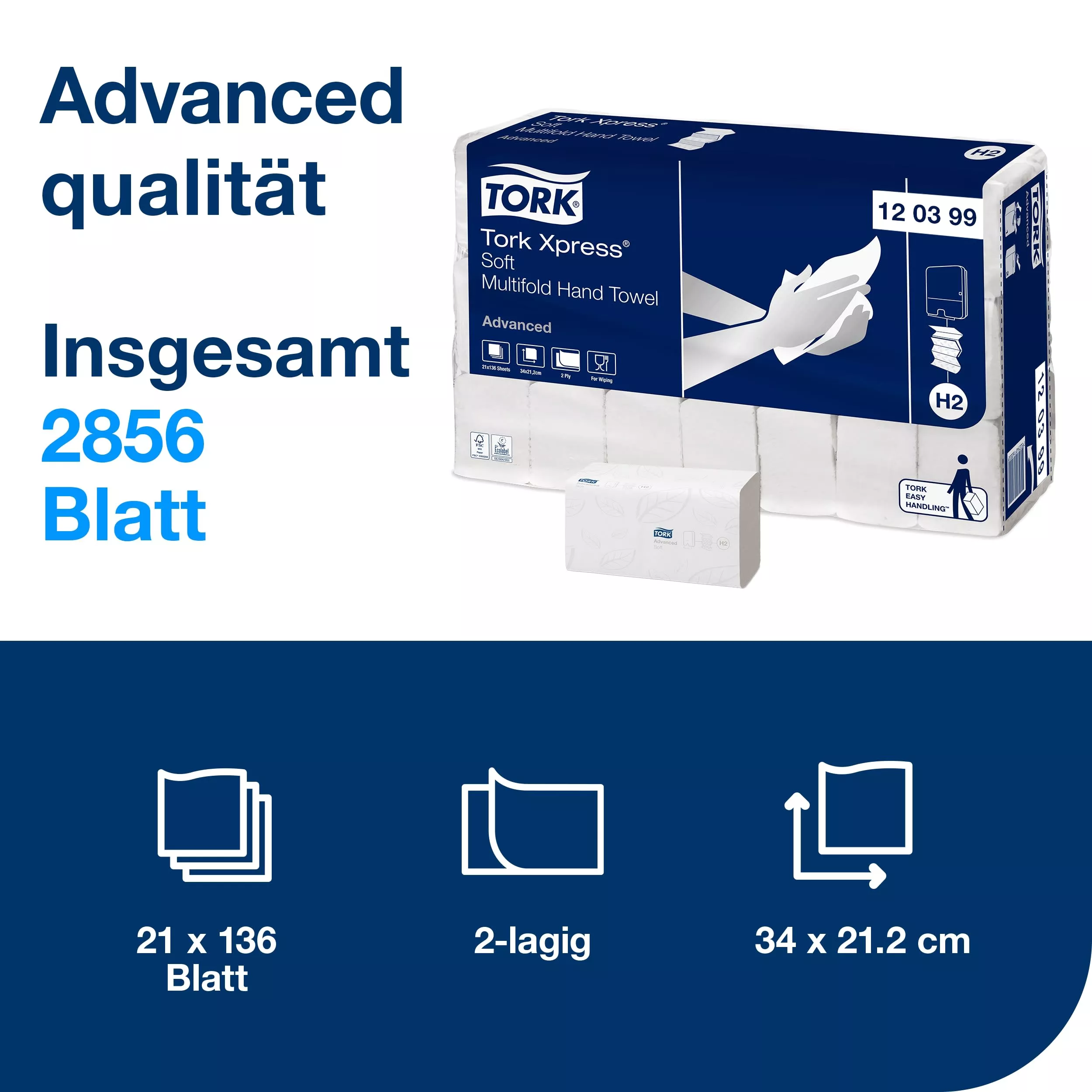 Tork Xpress® große Multifold-Handtücher Weiß H2, Advanced-Qualität, 2-lagig, saugfähig, 21 × 136 Tücher, 120399