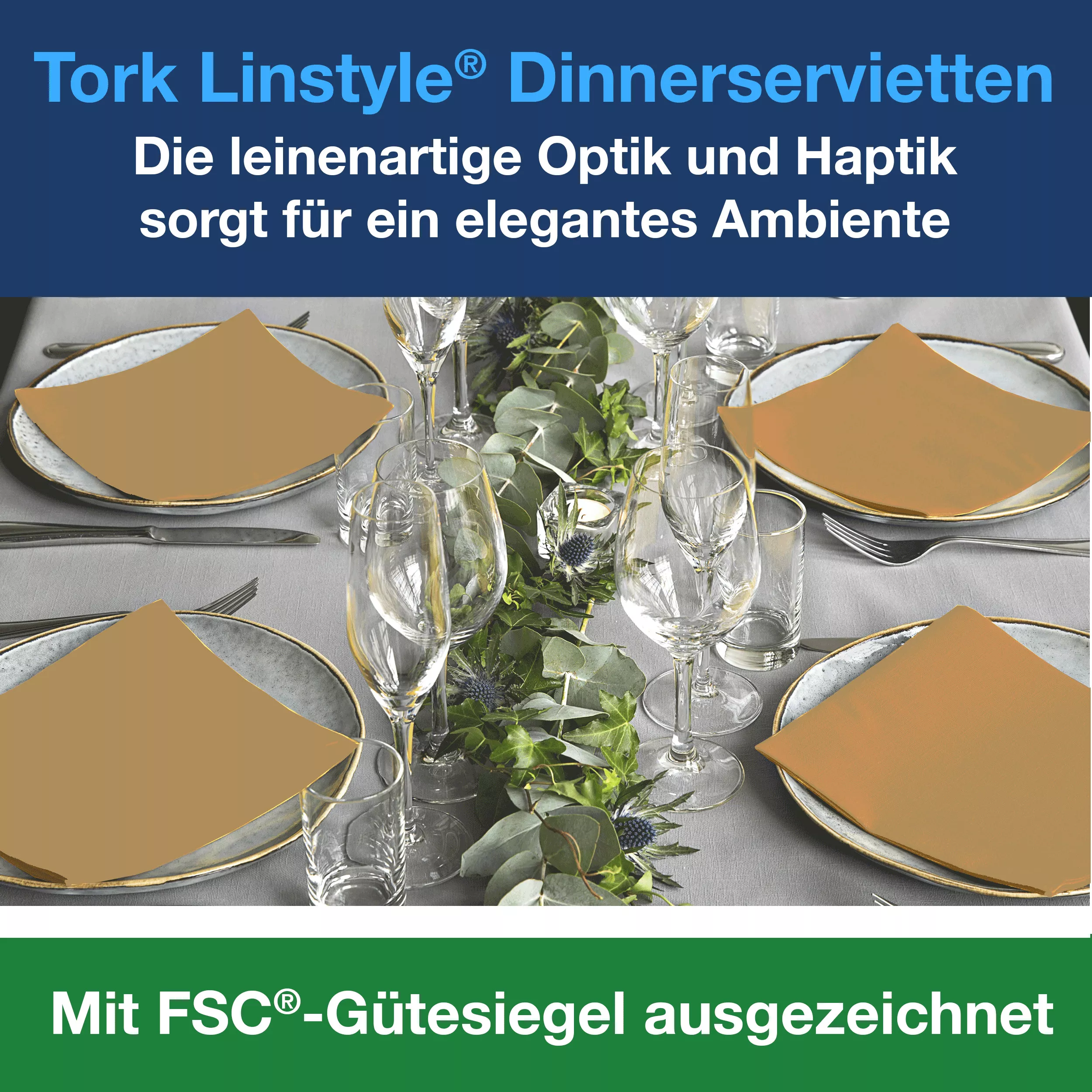 Tork LinStyle® Dinnerservietten Biscuit, 1/4‑Falz, 39 cm × 39 cm, 12 × 50 Servietten, 478874
