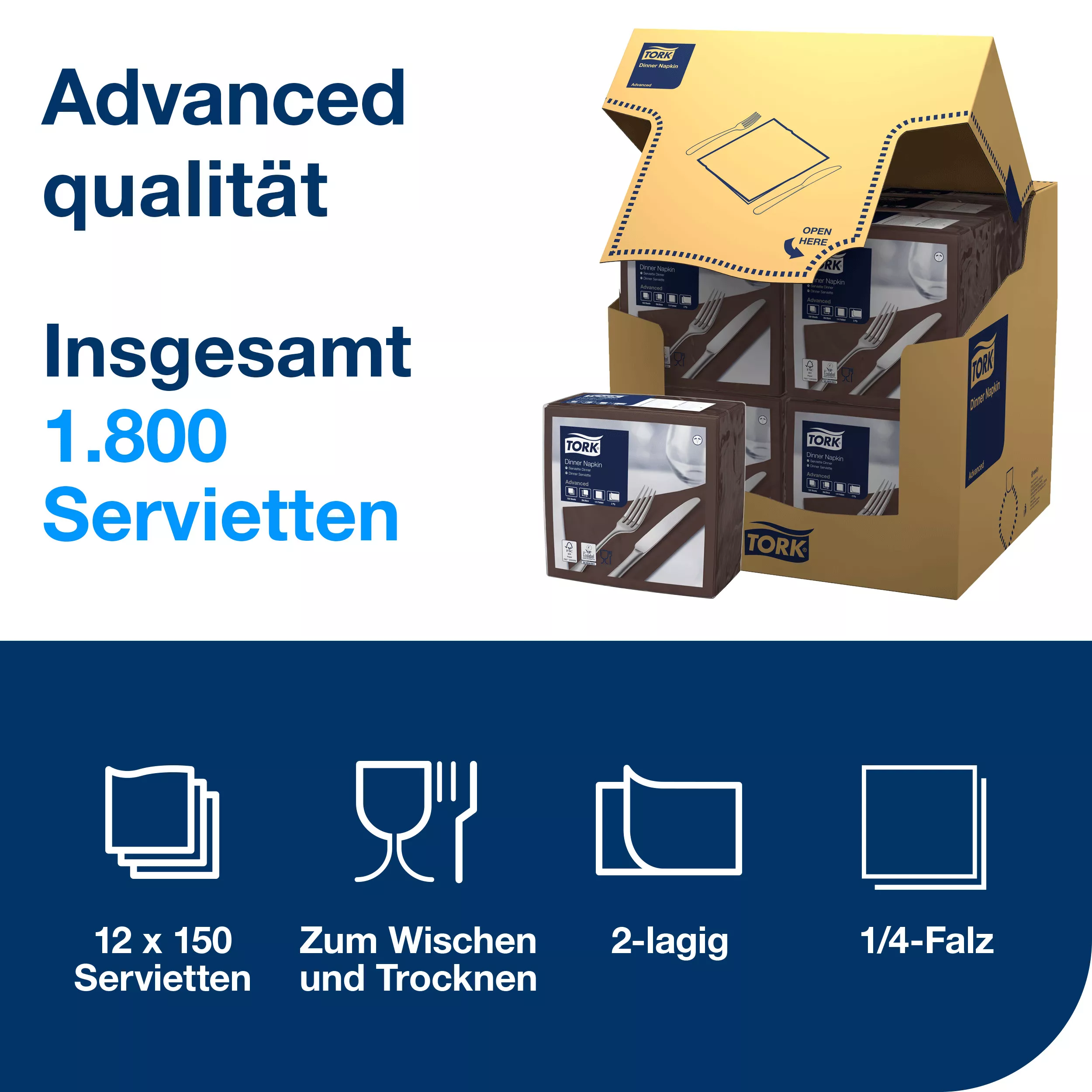 Tork Dinnerservietten Braun, 1/4-Falz, 2‑lagig, 40 cm × 39 cm, 12 × 150 Servietten, 478765