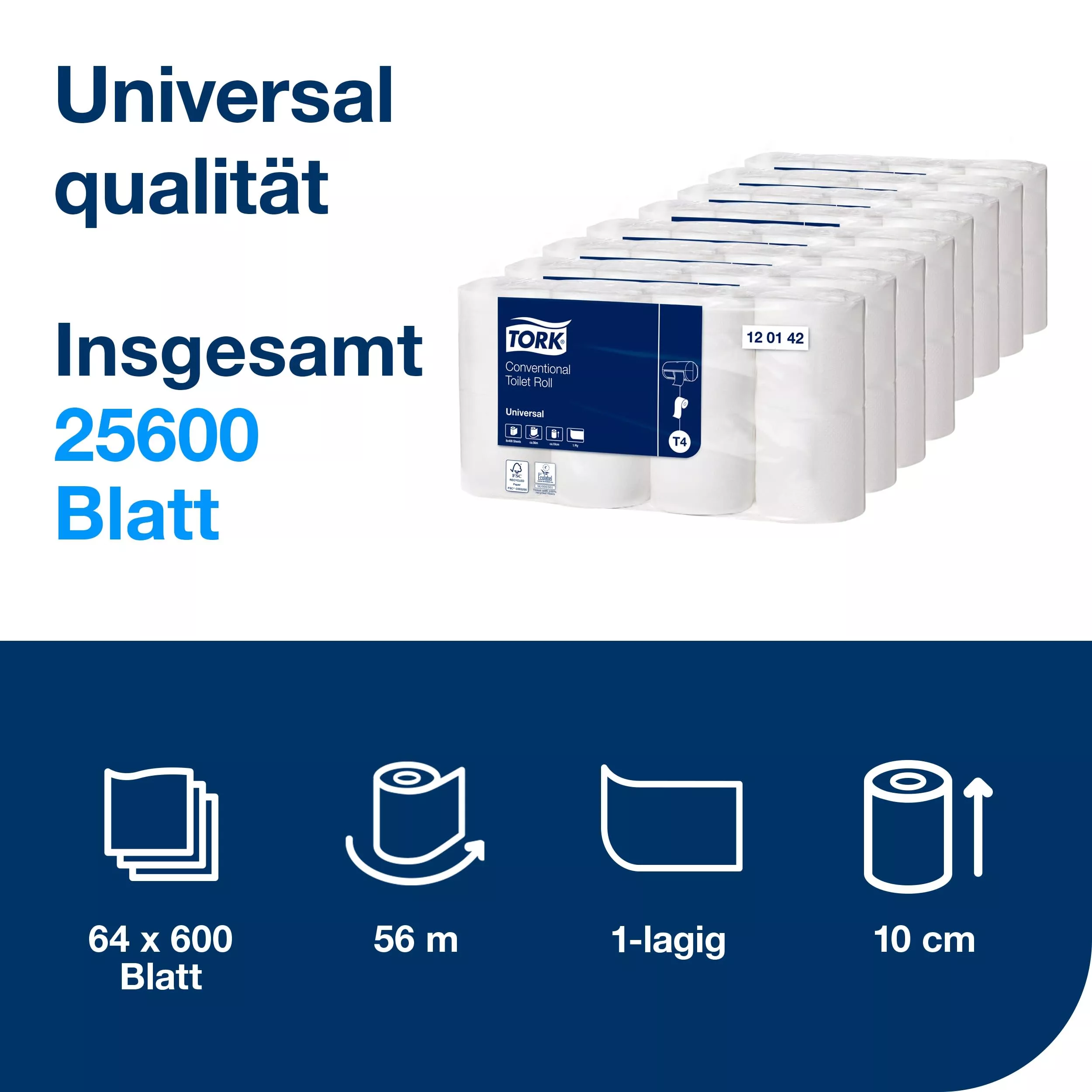 Tork Kleinrollen Toilettenpapier Weiß T4, Universal-Qualität, 1-lagig, extralange Rolle, 64 × 400 Blatt, 120142