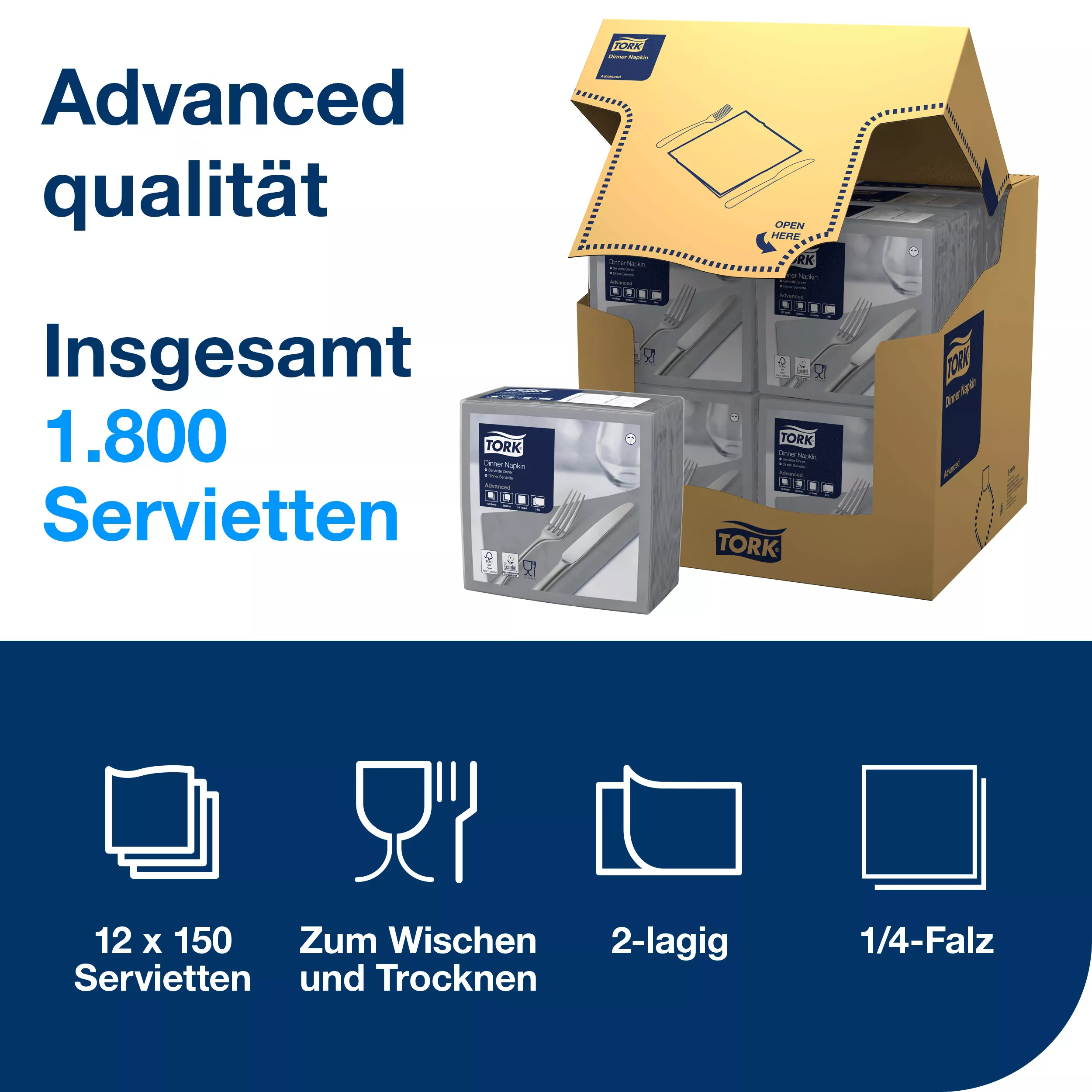 Tork Dinnerservietten Grau, 1/4-Falz, 2‑lagig, 40 cm × 39 cm, 12 × 150 Servietten, 478762