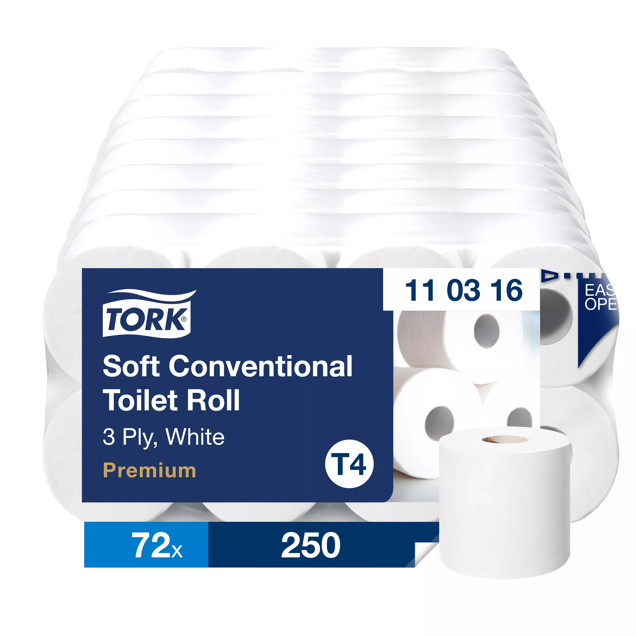 Tork Weiches Kleinrollen-Toilettenpapier in Weiß T4, Premium, 3-lagig, 72 × 250 Blatt, 110316