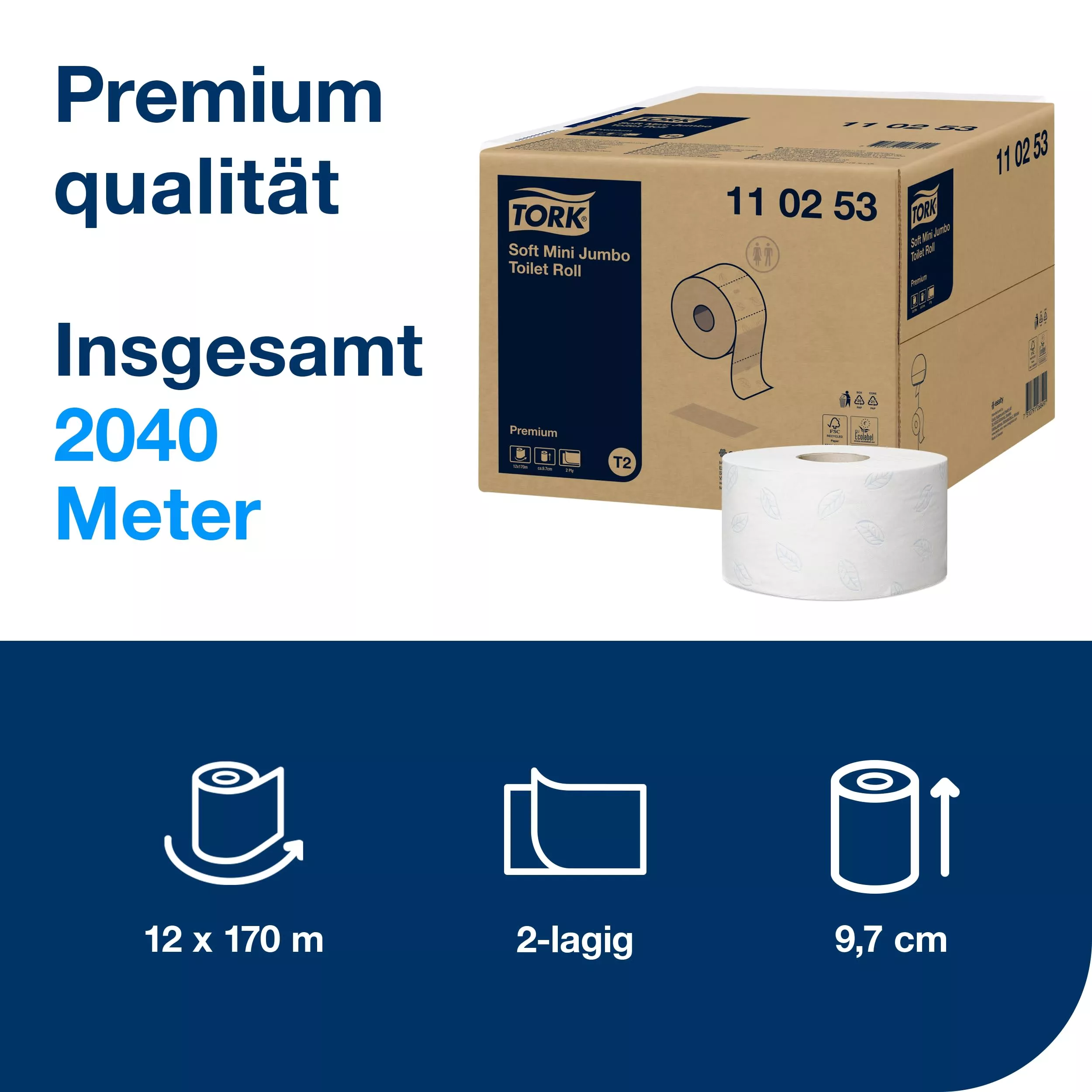 Tork weiches Mini Jumbo Toilettenpapier Weiß T2, Premium, 2-lagig, 12 × 170 m, 110253