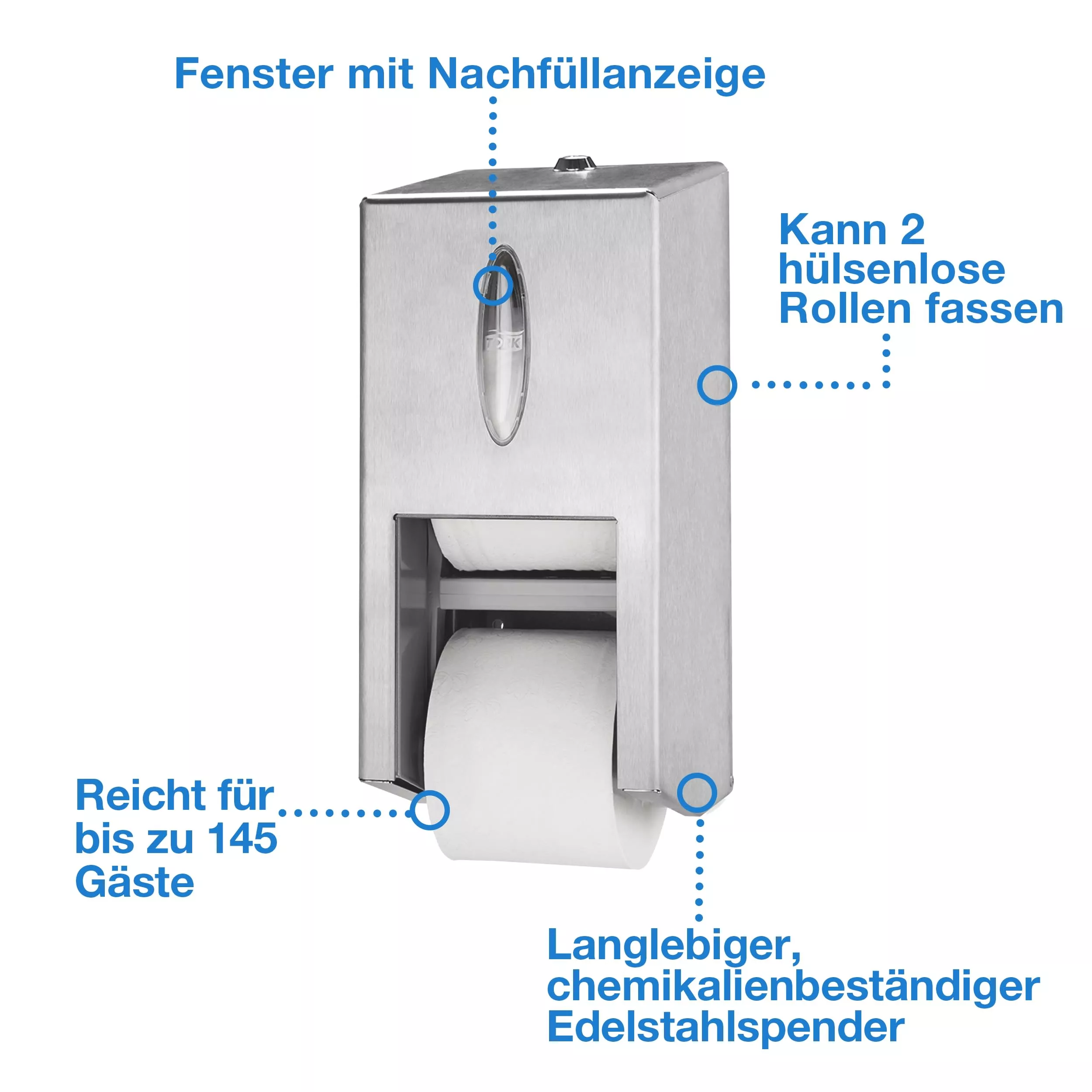 Tork OptiServe® Doppelrollenspender für Hülsenloses Toilettenpapier Edelstahl T7, vertikaler Toilettenrollenspender, 472019