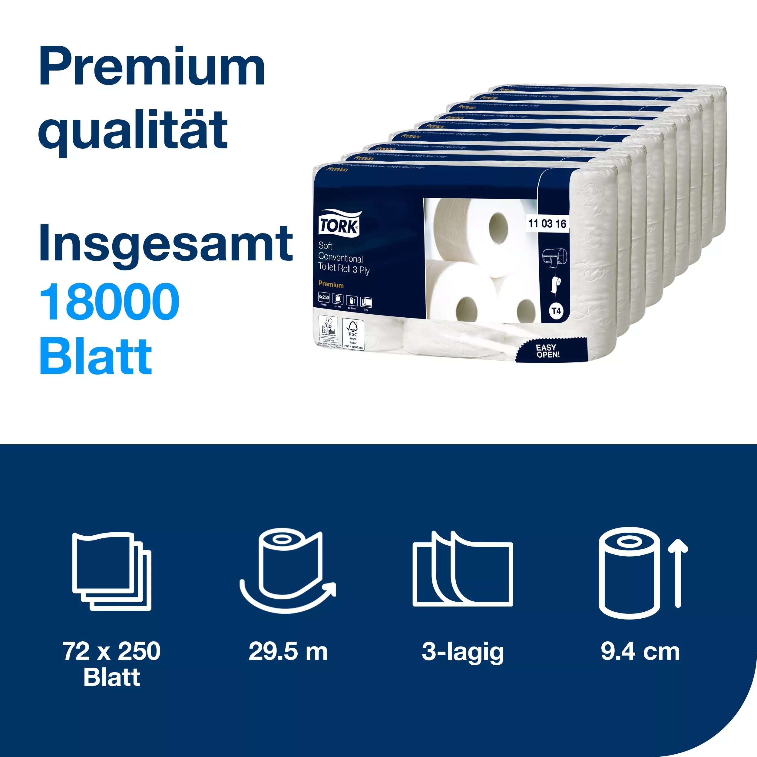 Tork Weiches Kleinrollen-Toilettenpapier in Weiß T4, Premium, 3-lagig, 72 × 250 Blatt, 110316