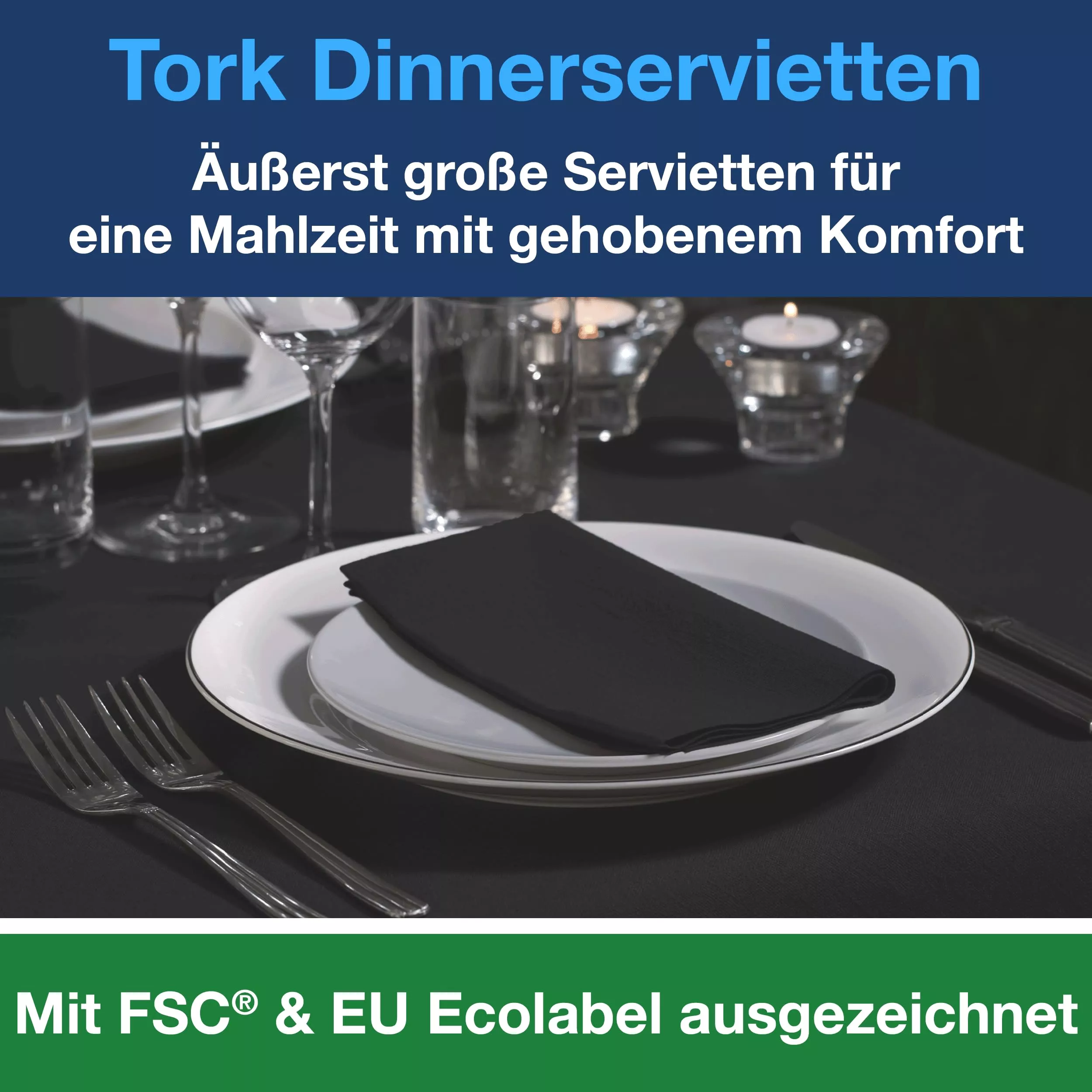 Tork Dinnerservietten Schwarz, 1/8‑Falz, 2‑lagig, 39 cm × 39 cm, 12 × 150 Servietten, 470404