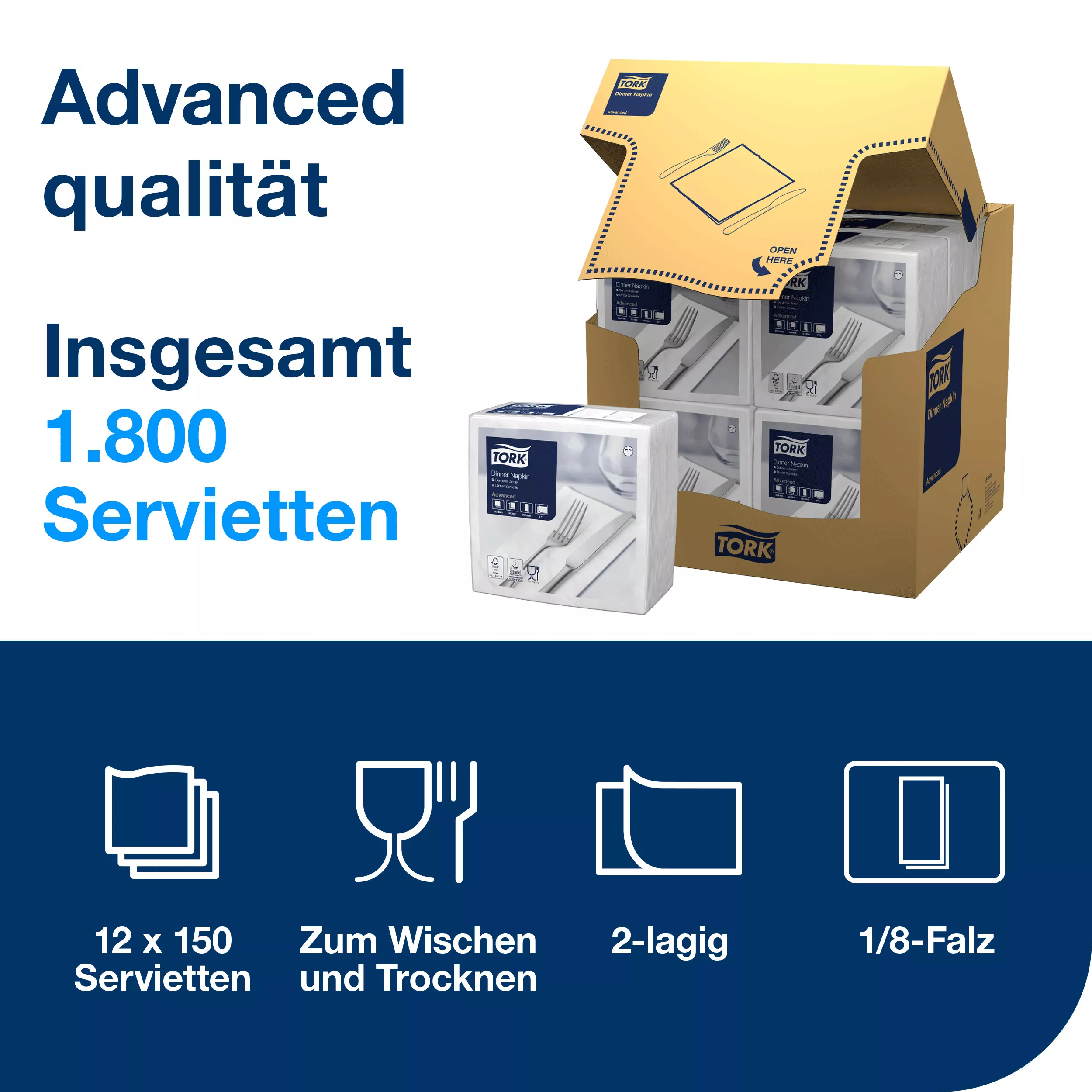 Tork Dinnerservietten Weiß, 1/8‑Falz, 2‑lagig, 39 cm × 39 cm, 12 × 150 Servietten, 477554