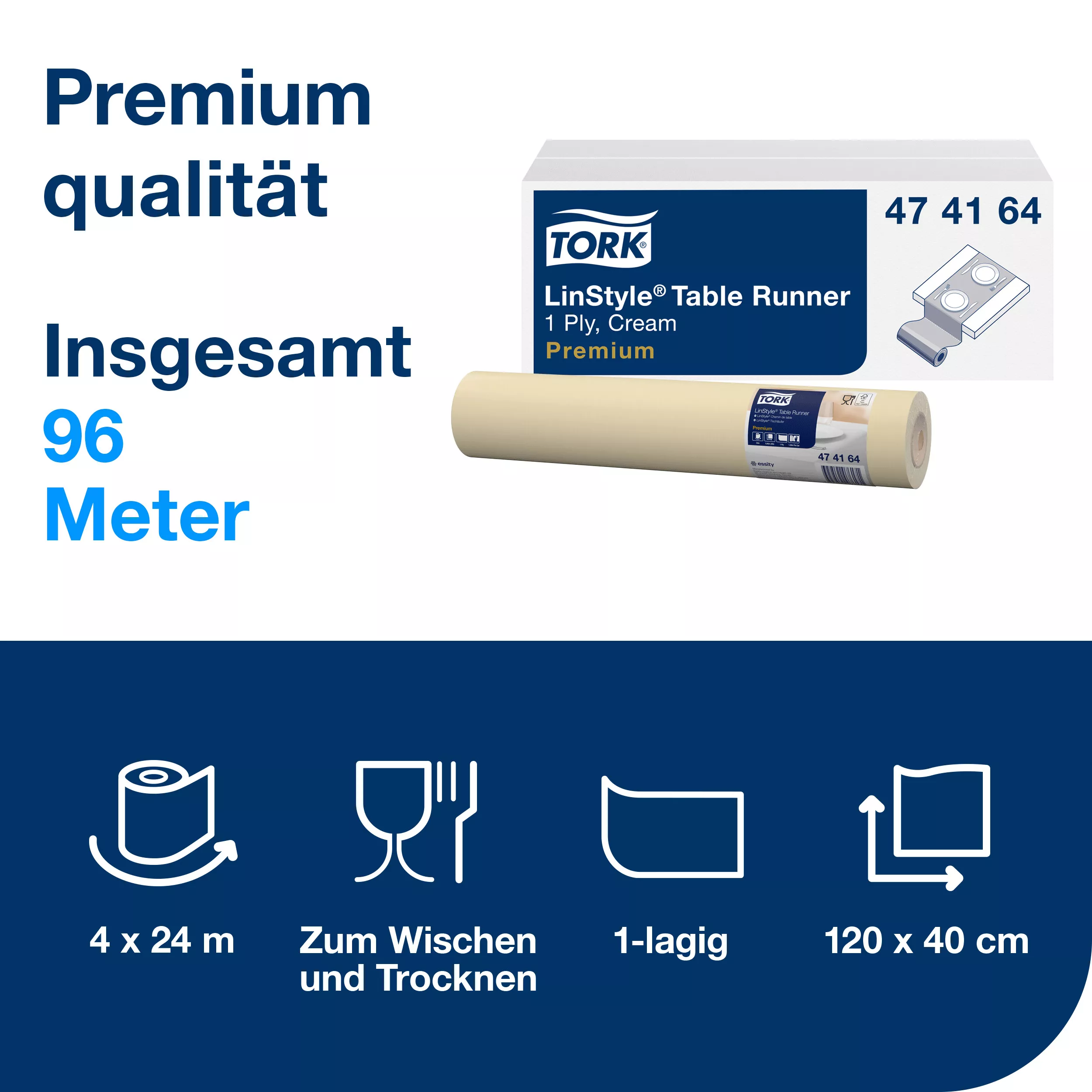 Tork LinStyle® Tischläufer Creme, robust, 1-lagig, 120 cm × 40 cm, 4 × 20 Tischläufer, 474164