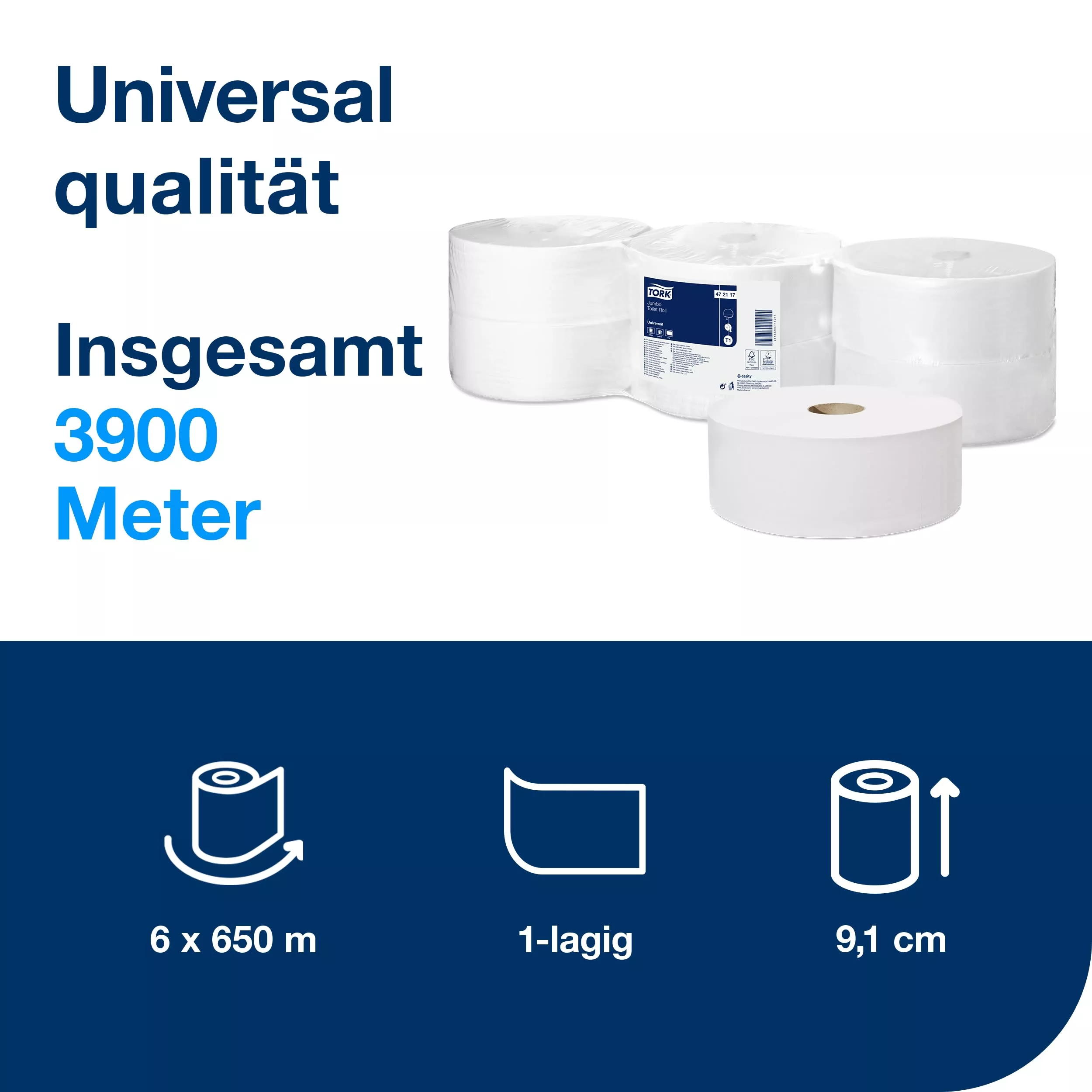 Tork Jumbo Toilettenpapier Weiß T1, Universal, 1‑lagig, 6 × 650 m, 472117