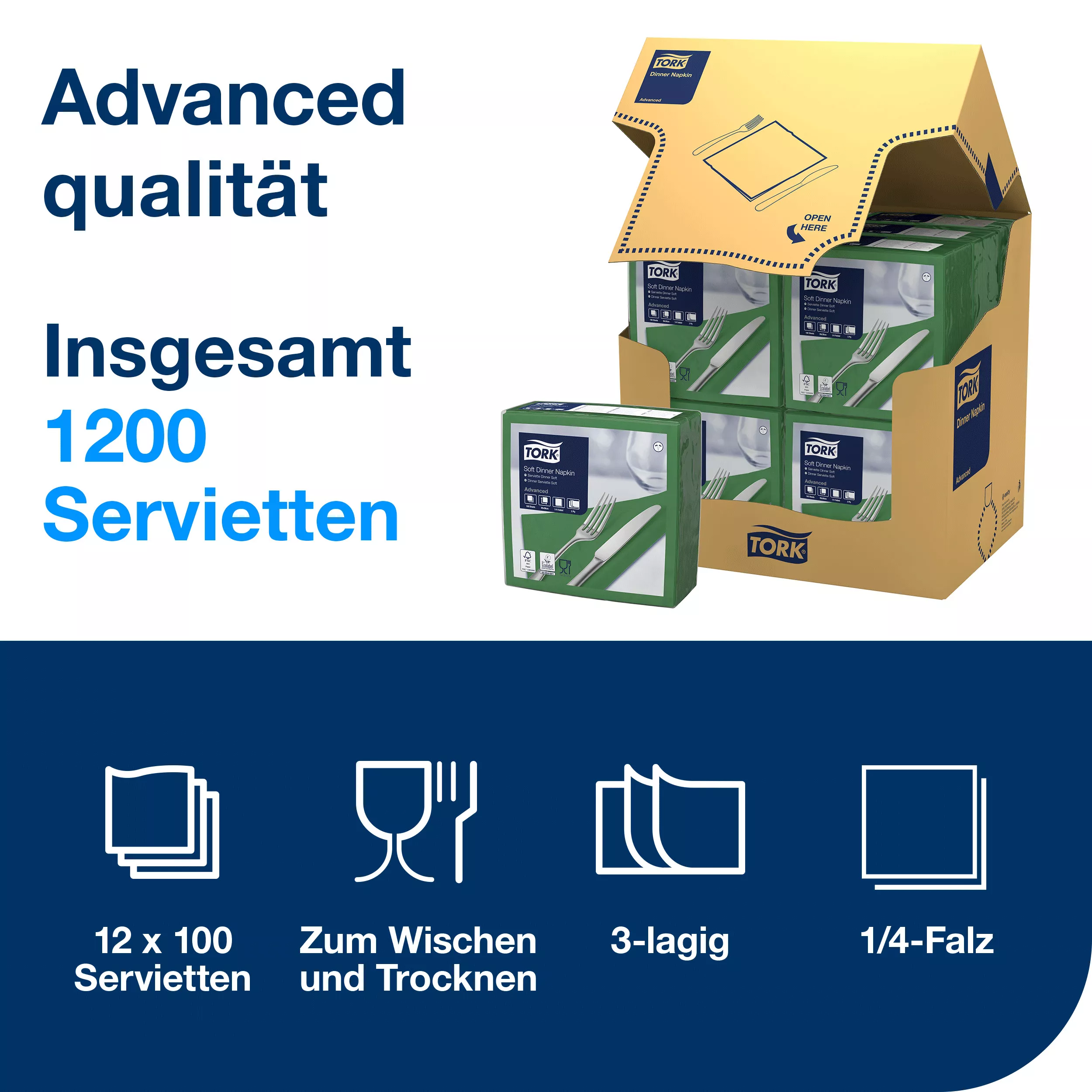 Tork Soft Dinnerservietten Dunkelgrün, 1/4‑Falz, 3‑lagig, 40 cm × 39 cm, 12 × 100 Servietten, 477604