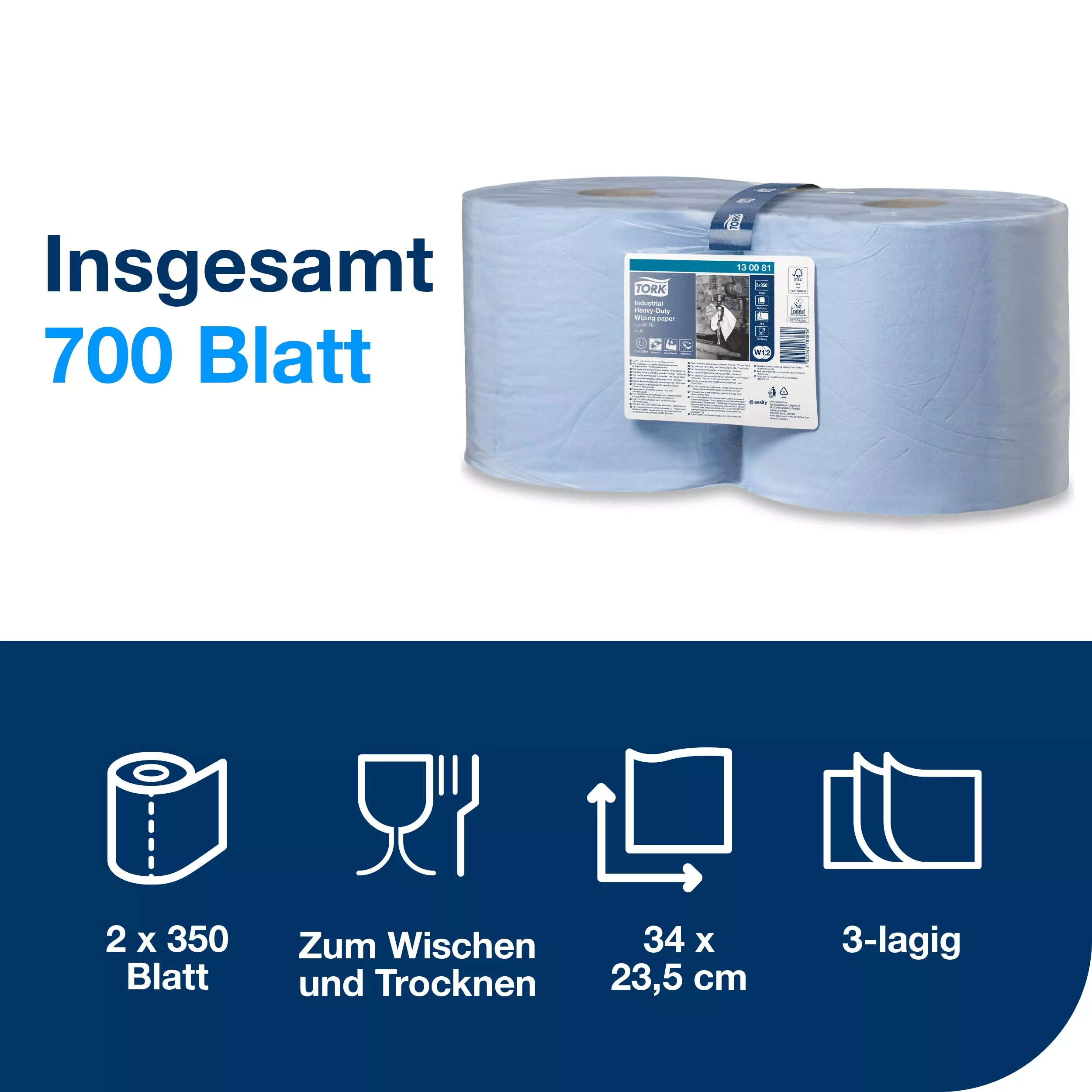 Tork Extra Starke Industrie Papierwischtücher Blau W1/2, Schützen Hände, 2 × 350 Blatt, 130081