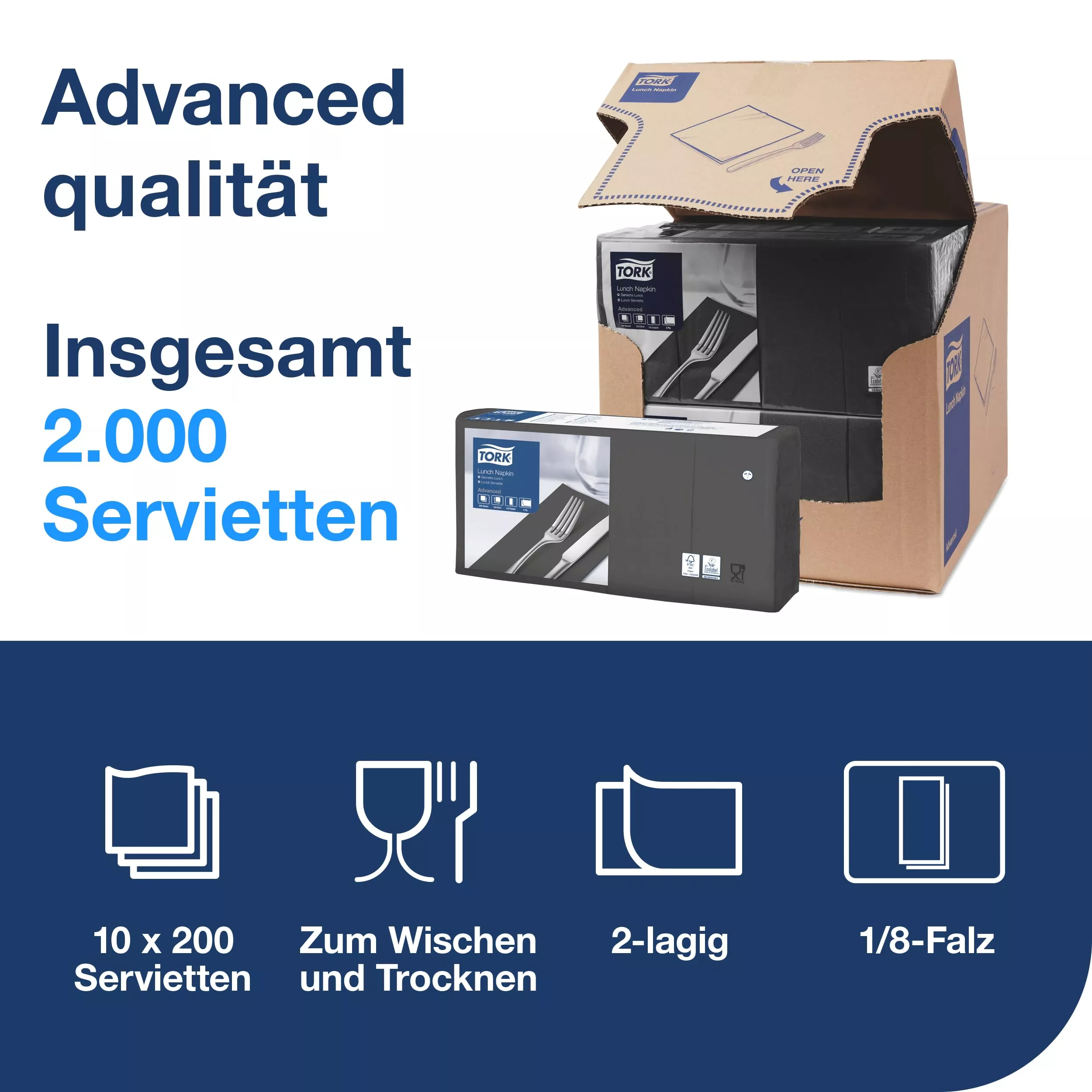 Tork Lunchserviette Schwarz, 1/8-Falz, 2-lagig, 33 cm × 33 cm, 10 × 200 Servietten, 477851