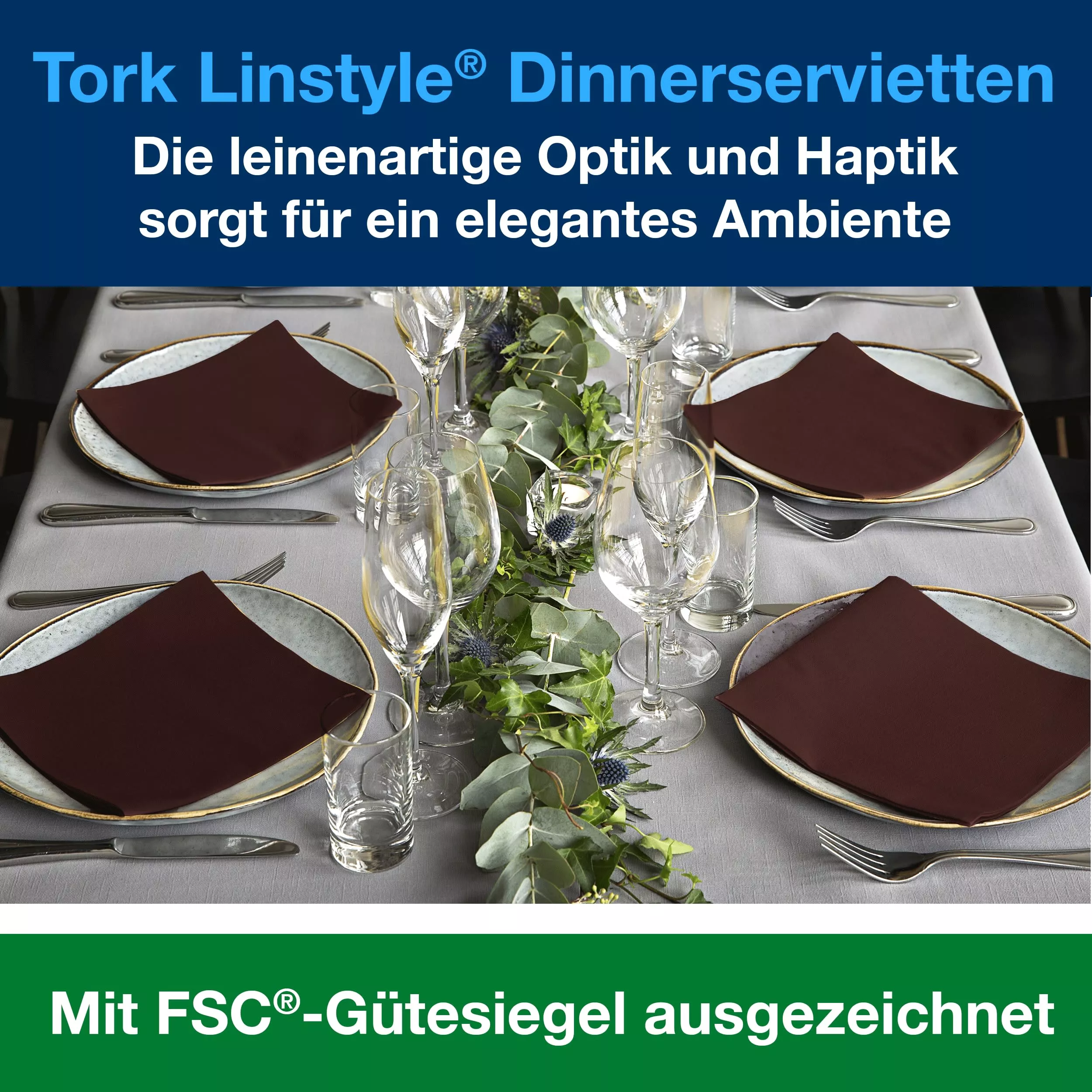 Tork LinStyle® Dinnerservietten Kakao, 1/4‑Falz, 39 cm × 39 cm, 12 × 50 Servietten, 478727