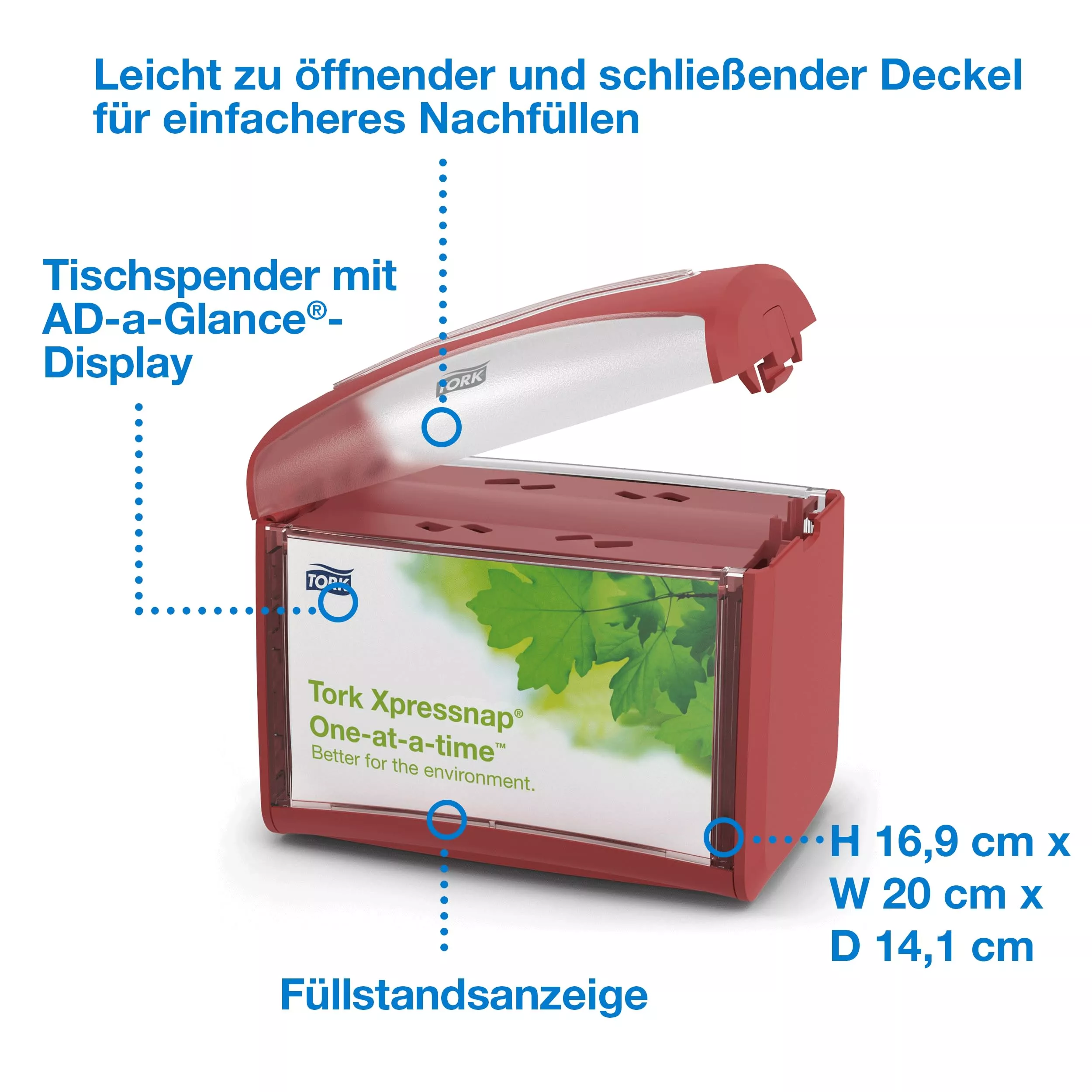 Tork Xpressnap® Tischspender Rot N4, Signature Linie, 16,9 cm × 20 cm × 14,1 cm