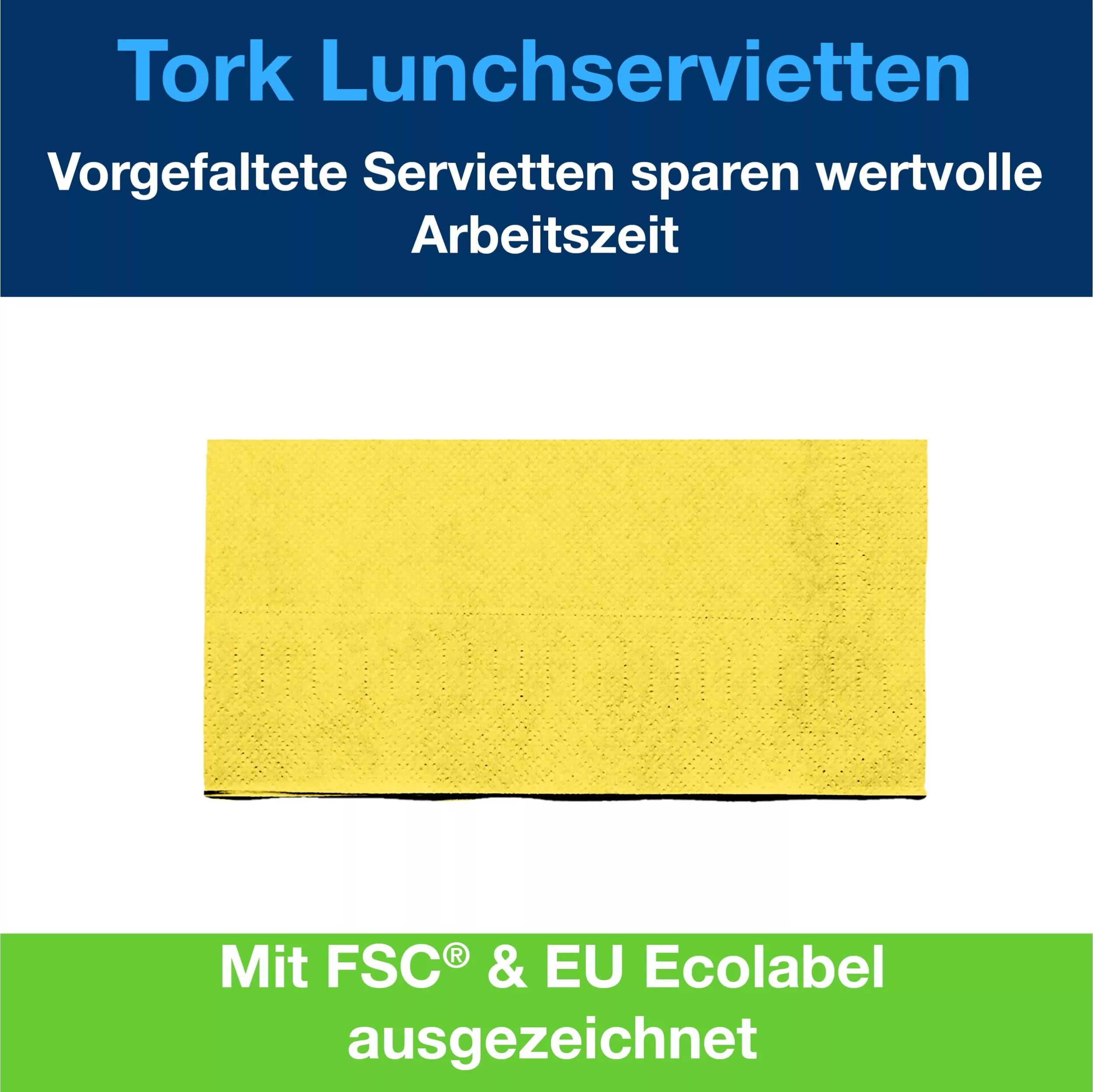 Tork Lunchserviette Gelb, 1/8-Falz, 2-lagig, 33 cm × 33 cm, 10 × 200 Servietten, 477850