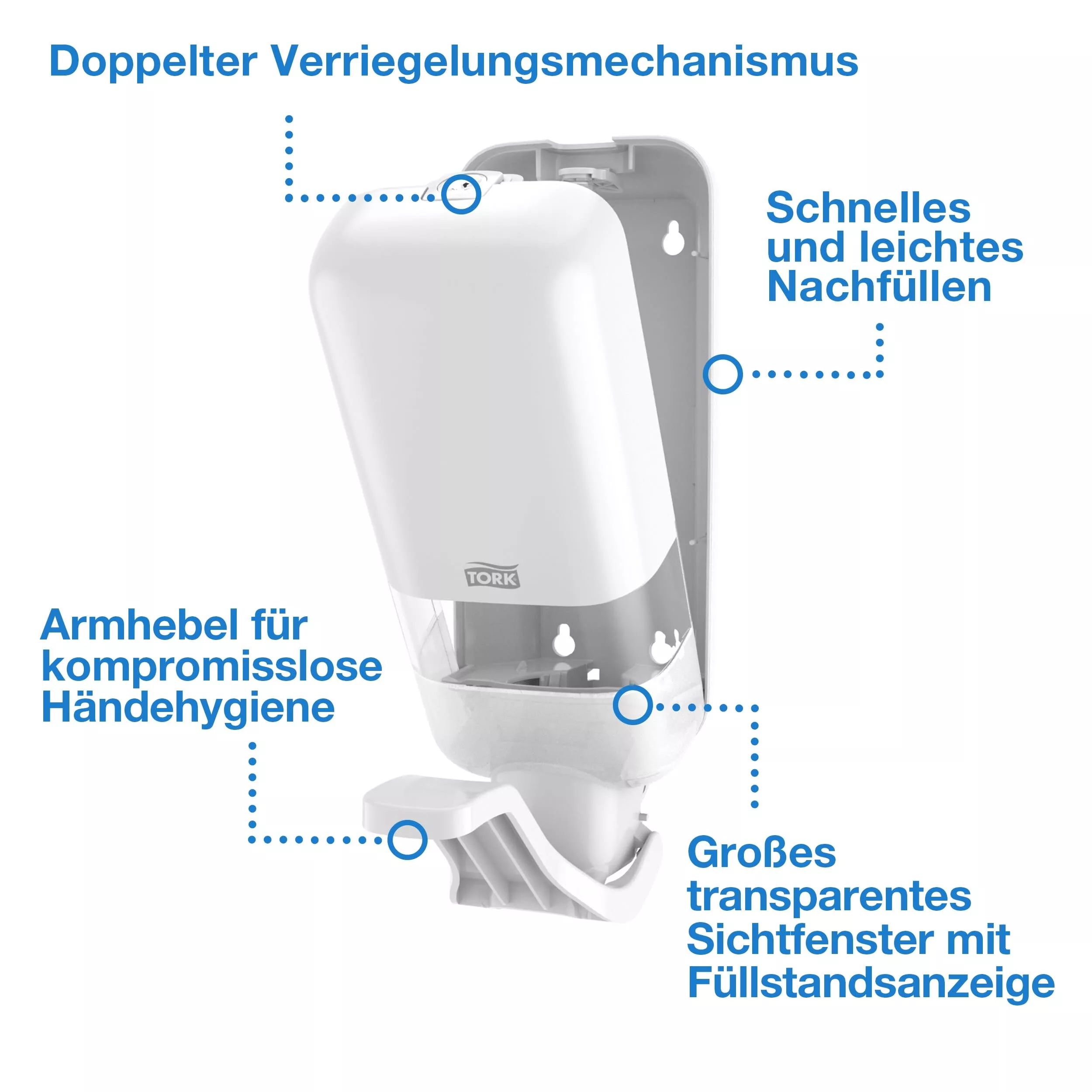 Tork Spender für Seifen und Händedesinfektionsmittel mit Armhebel Weiß S4, geeignet für Flüssigseife, Schaum und Gel, Elevation Design, 564100