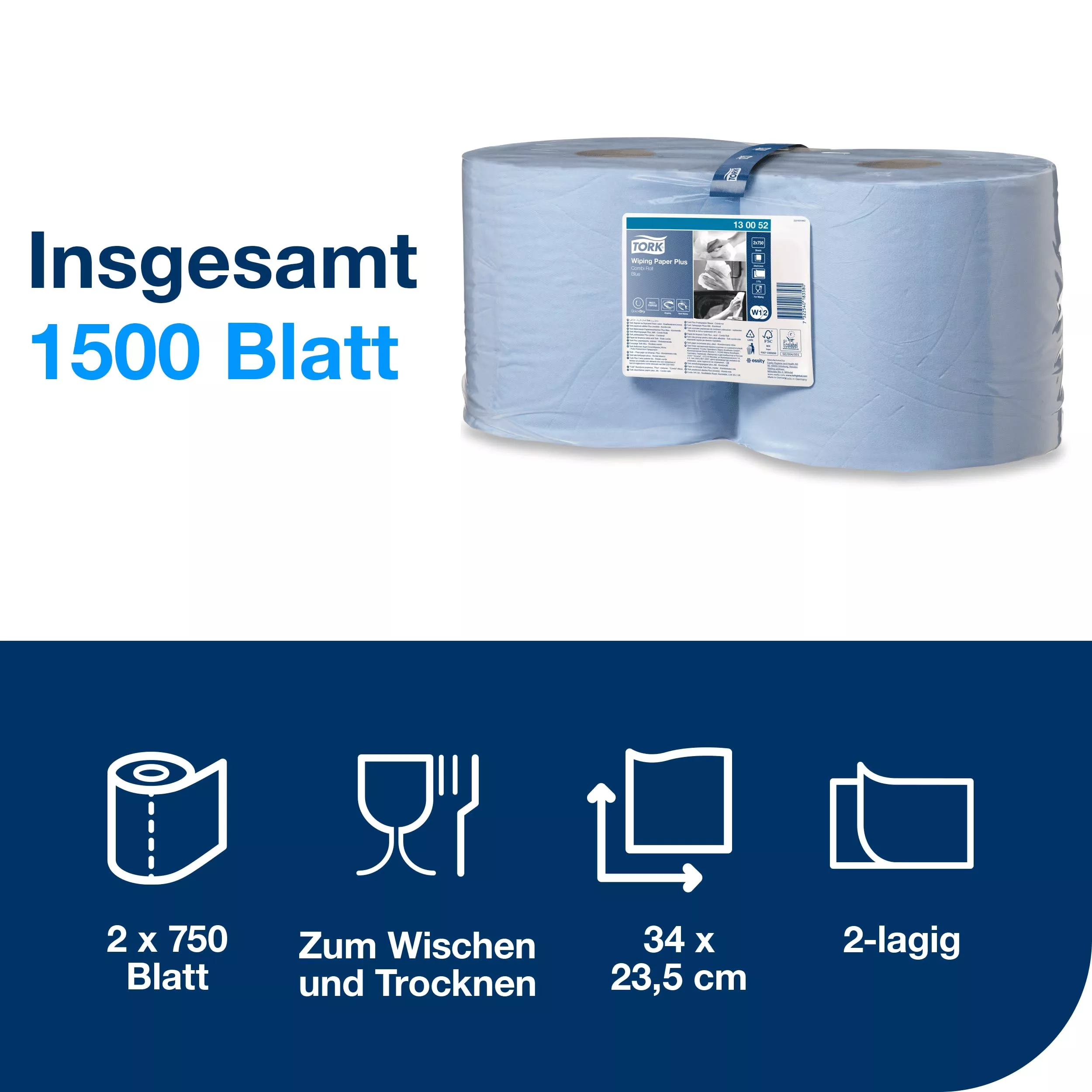 Tork Starke Mehrzweck Papierwischtücher Blau W1/2, Saugfähig, 2 × 750 Blatt, 130052