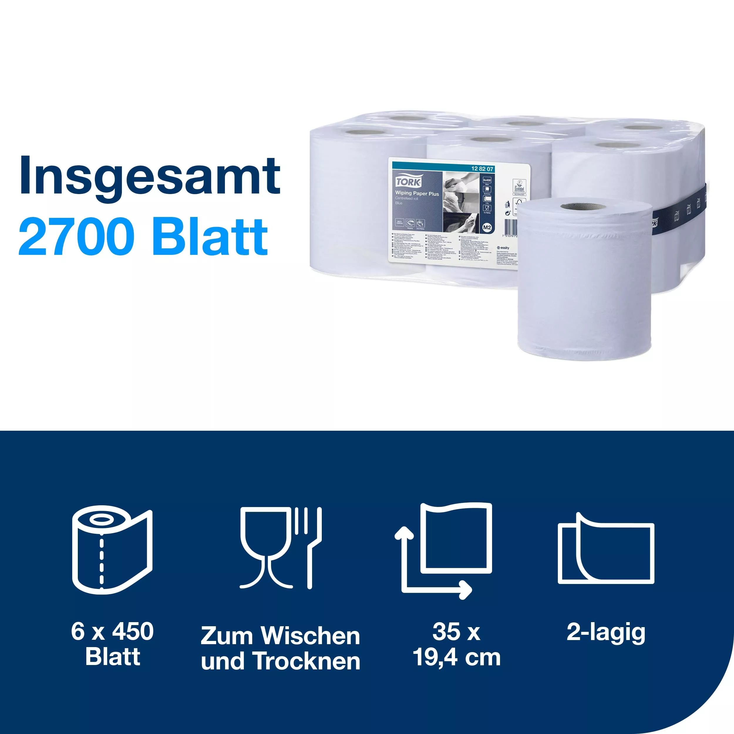 Tork Starke Mehrzweck-Papierwischtücher Blau M2, Innenabrollung, 6 × 450 Blatt, 128207