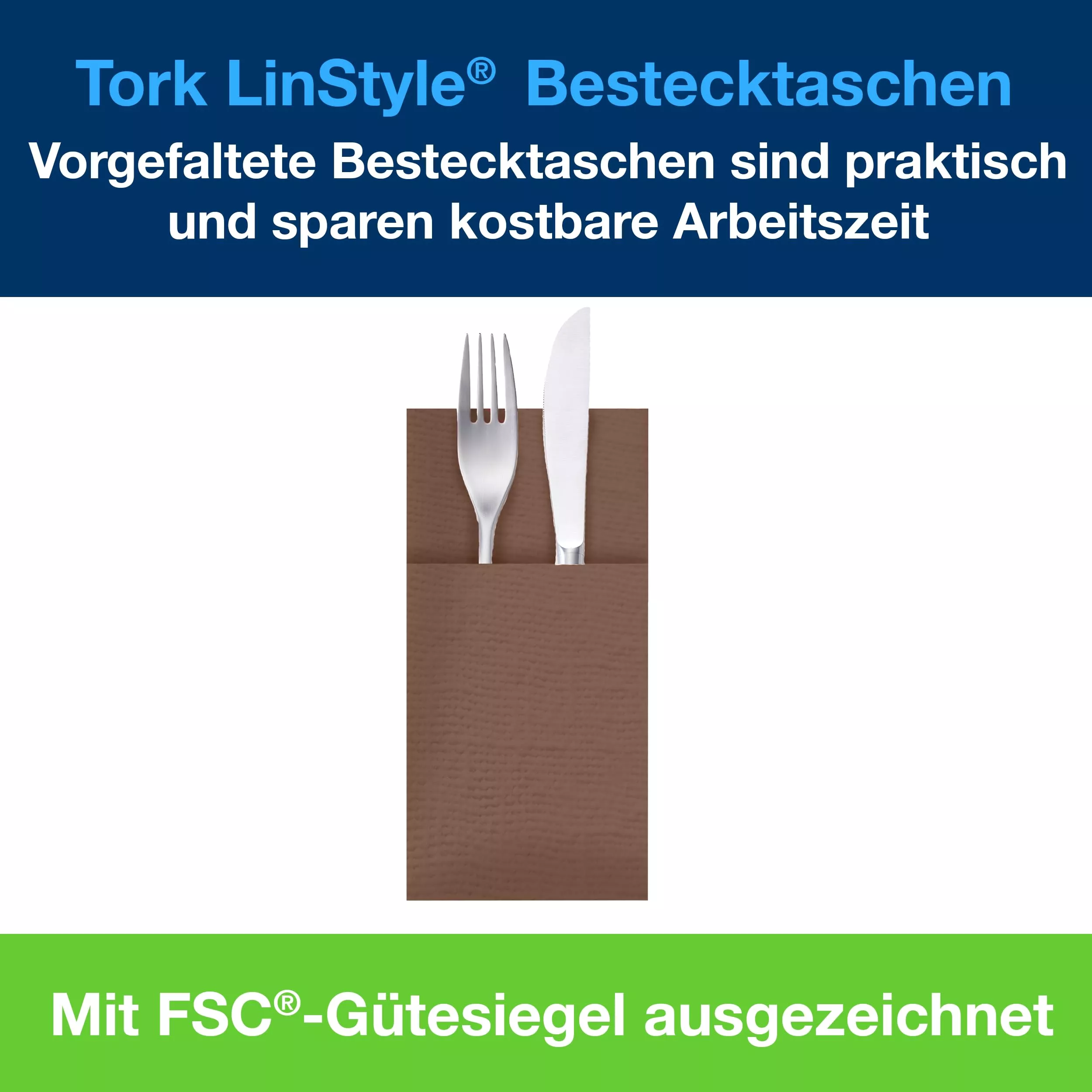 Tork LinStyle® Bestecktaschen Kakao, strapazierfähig, 39 cm × 39 cm, 6 × 60 Servietten, 509605