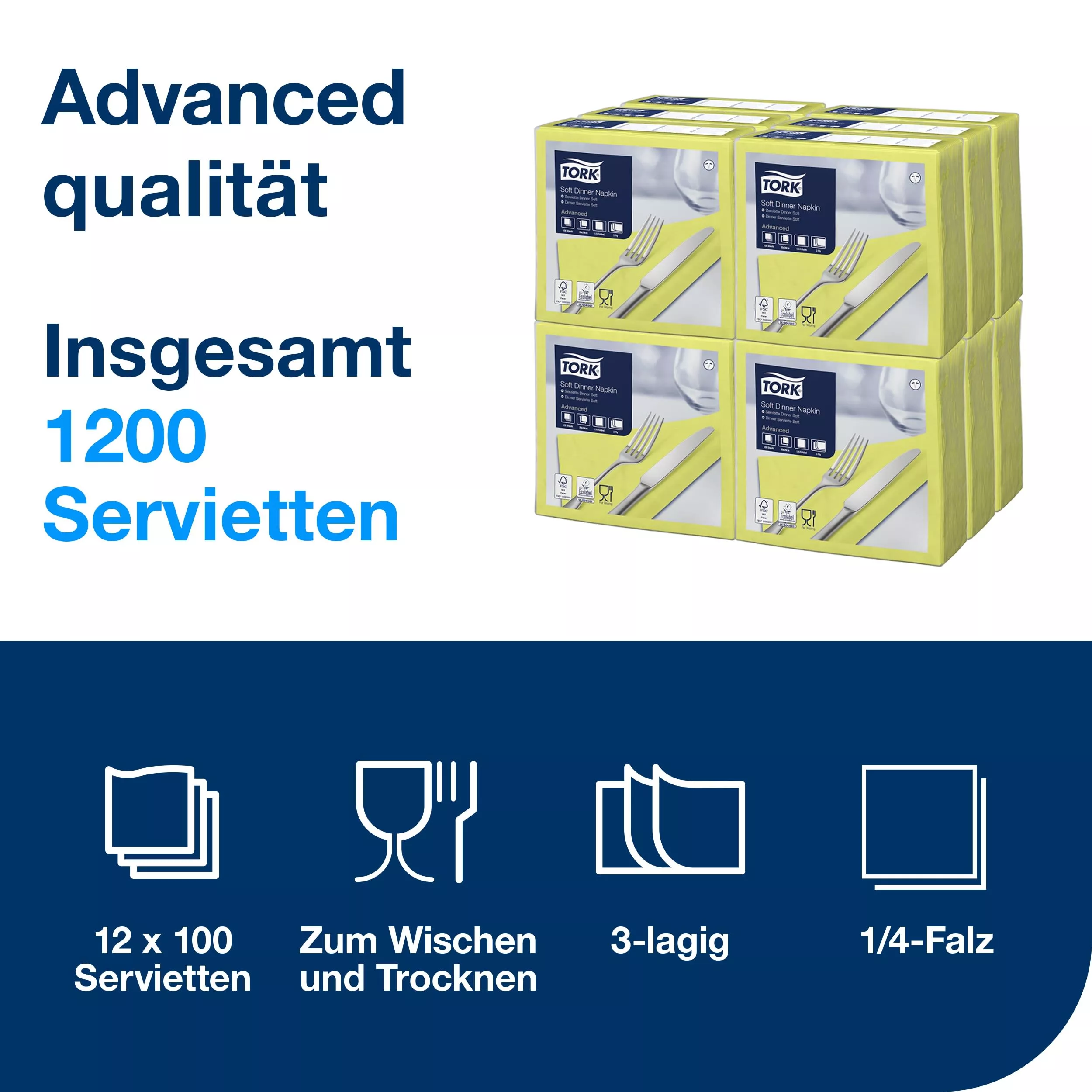 Tork Soft Dinnerservietten Limone, 1/4‑Falz, 3‑lagig, 40 cm × 39 cm, 12 × 100 Servietten, 477910