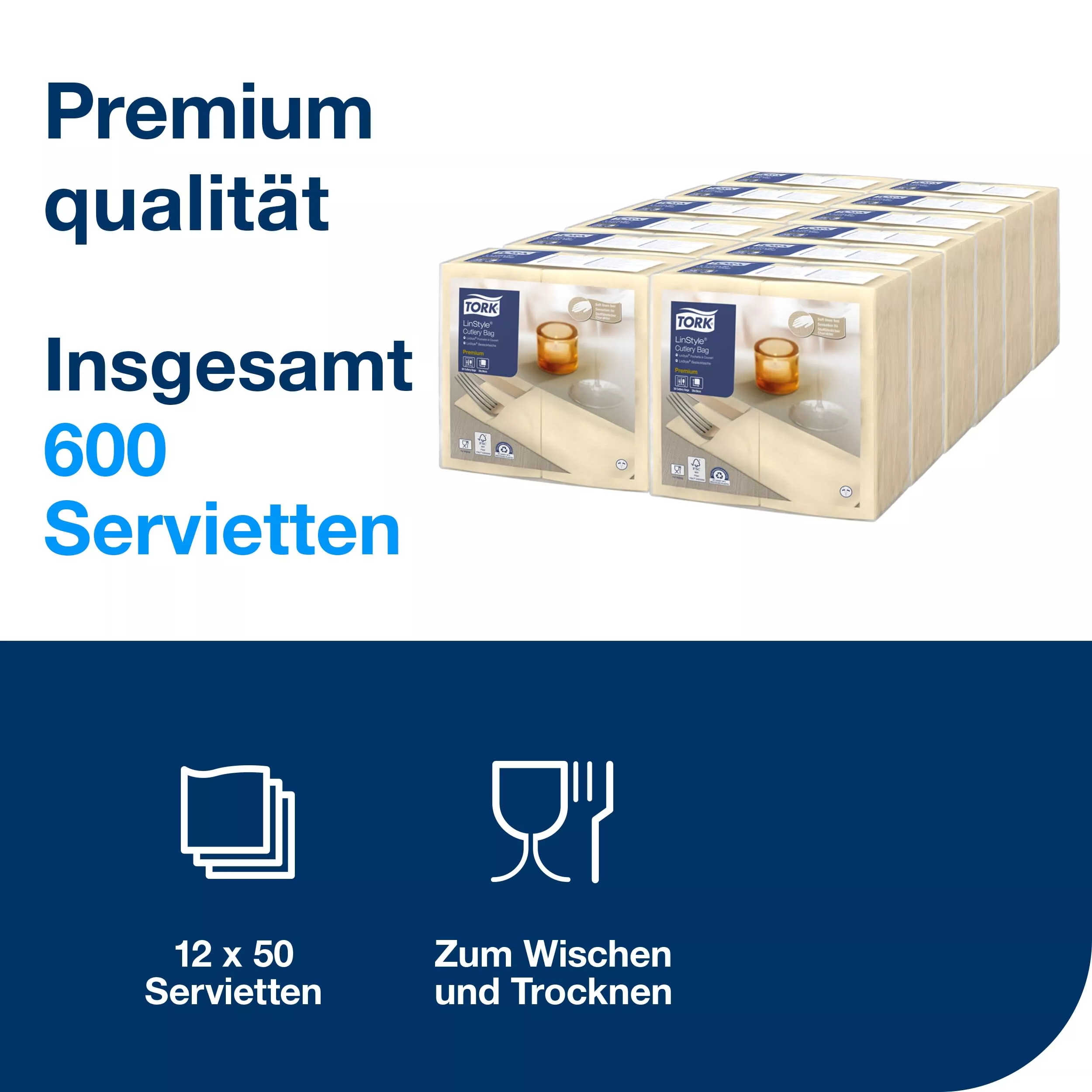 Tork LinStyle® Bestecktaschen Creme, strapazierfähig, 39 cm × 39 cm, 6 × 60 Servietten, 509601