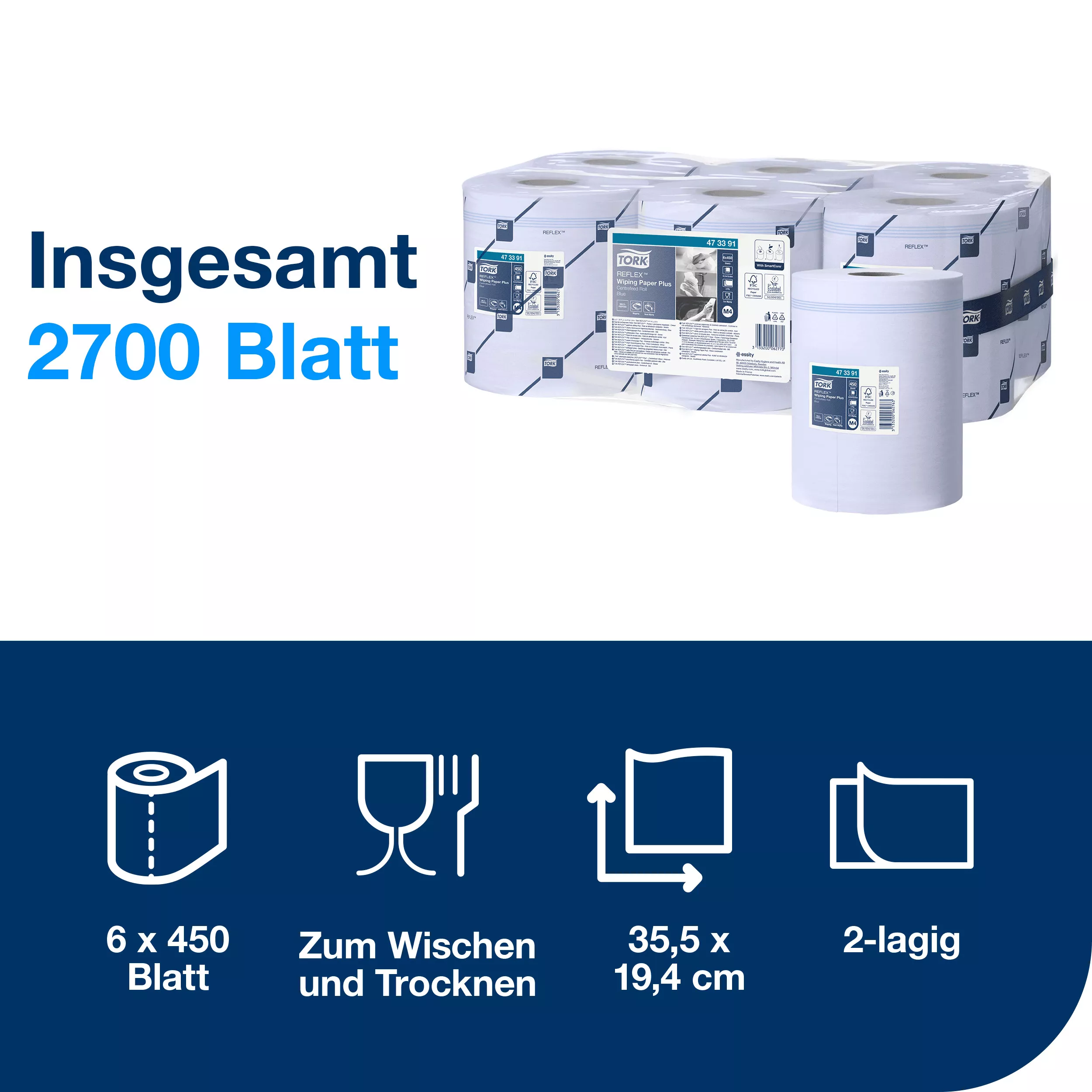 Tork Reflex™ Starke Mehrzweck-Papierwischtücher Blau M4, SmartCore®, 6 × 450 Blatt, 473391